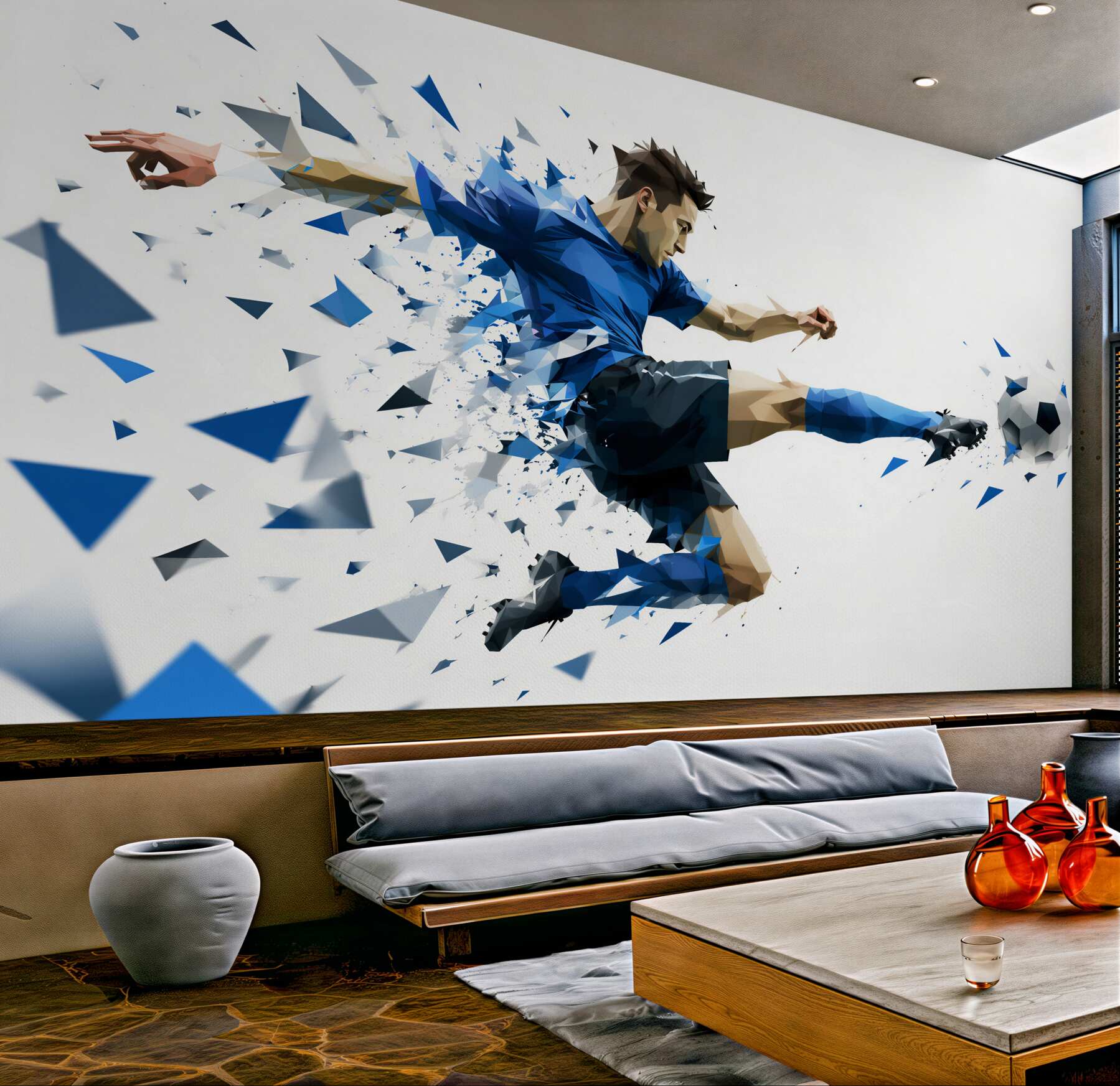 Papier peint footballeur dynamique dans un style géométrique