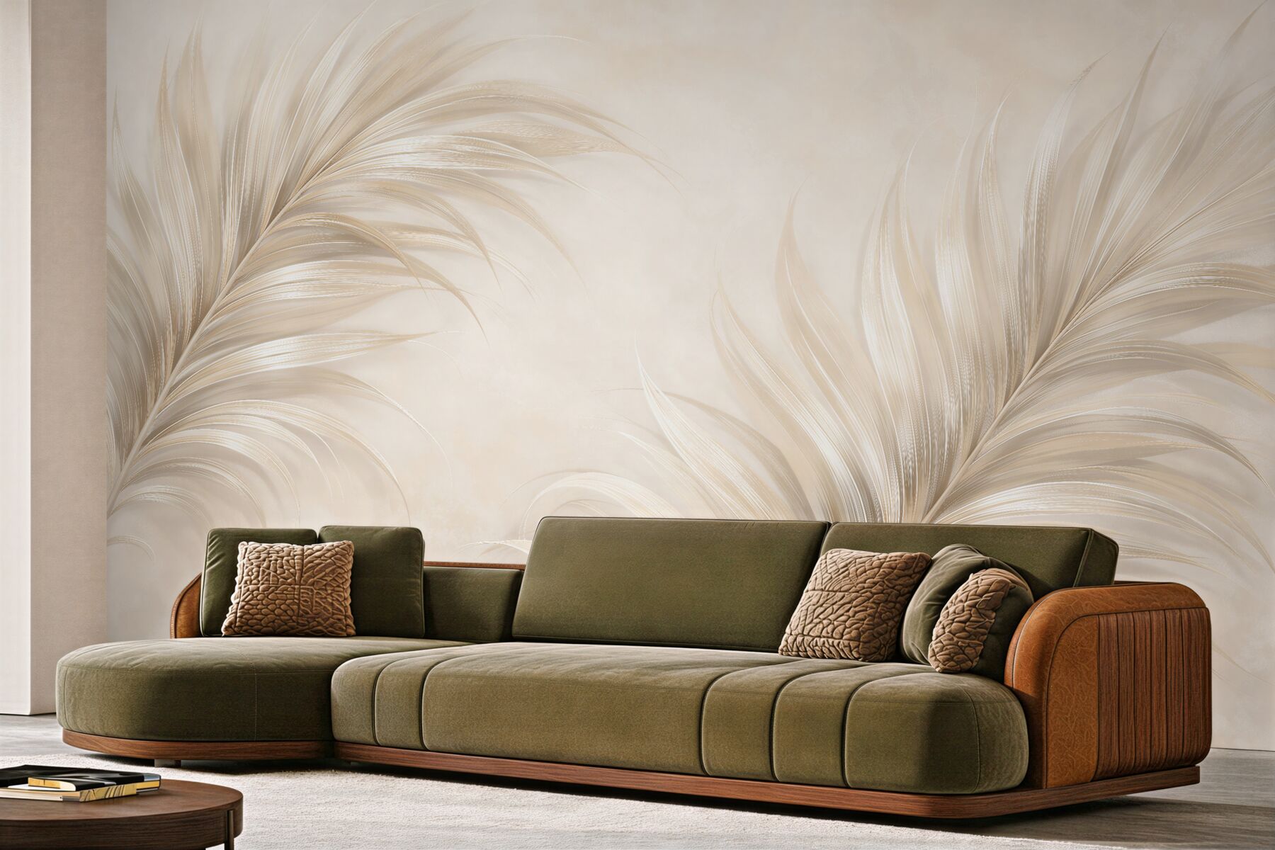 Papier peint plumes dorées sur fond beige