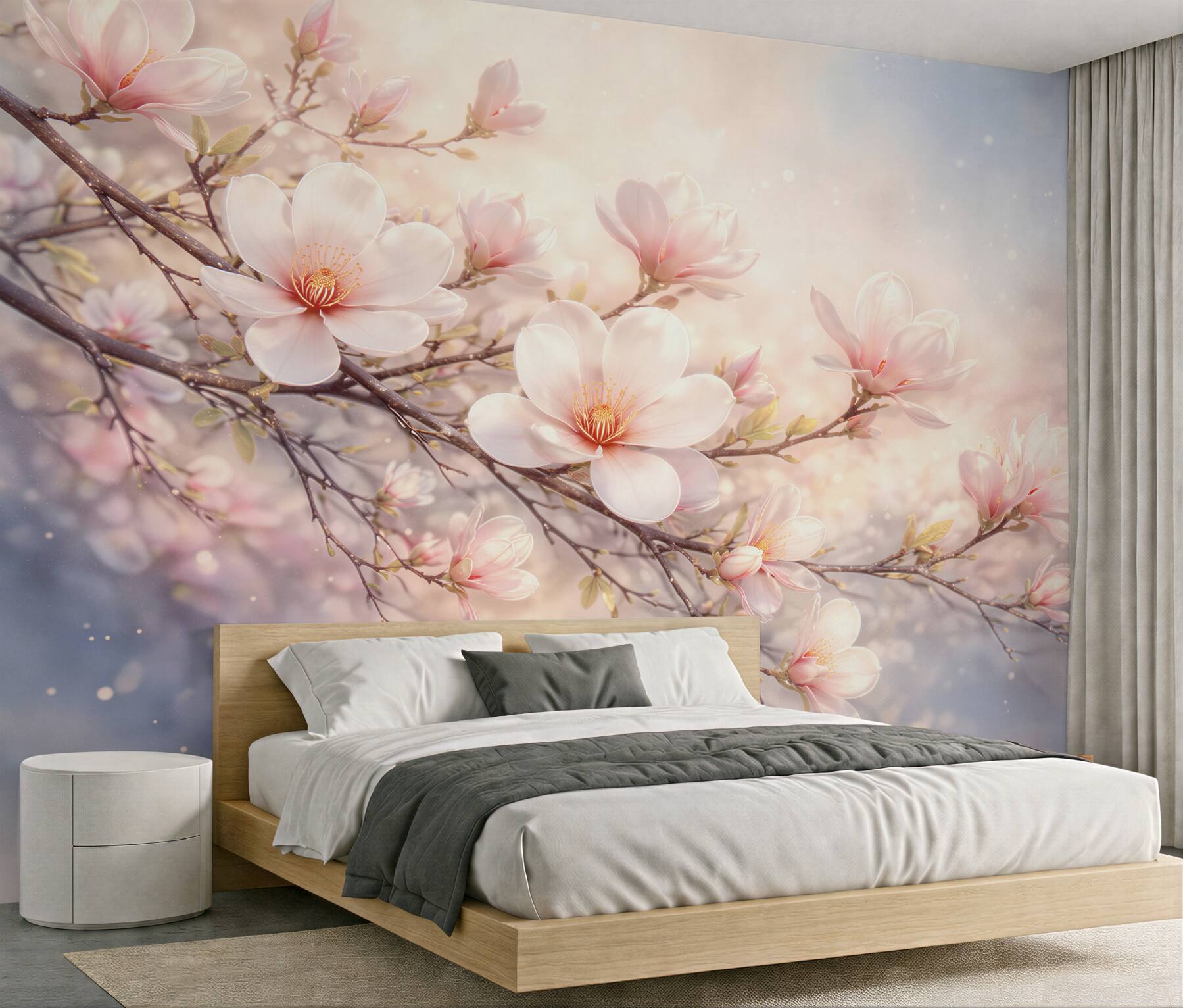 Papier peint magnolia en fleurs dans une lumière pastel