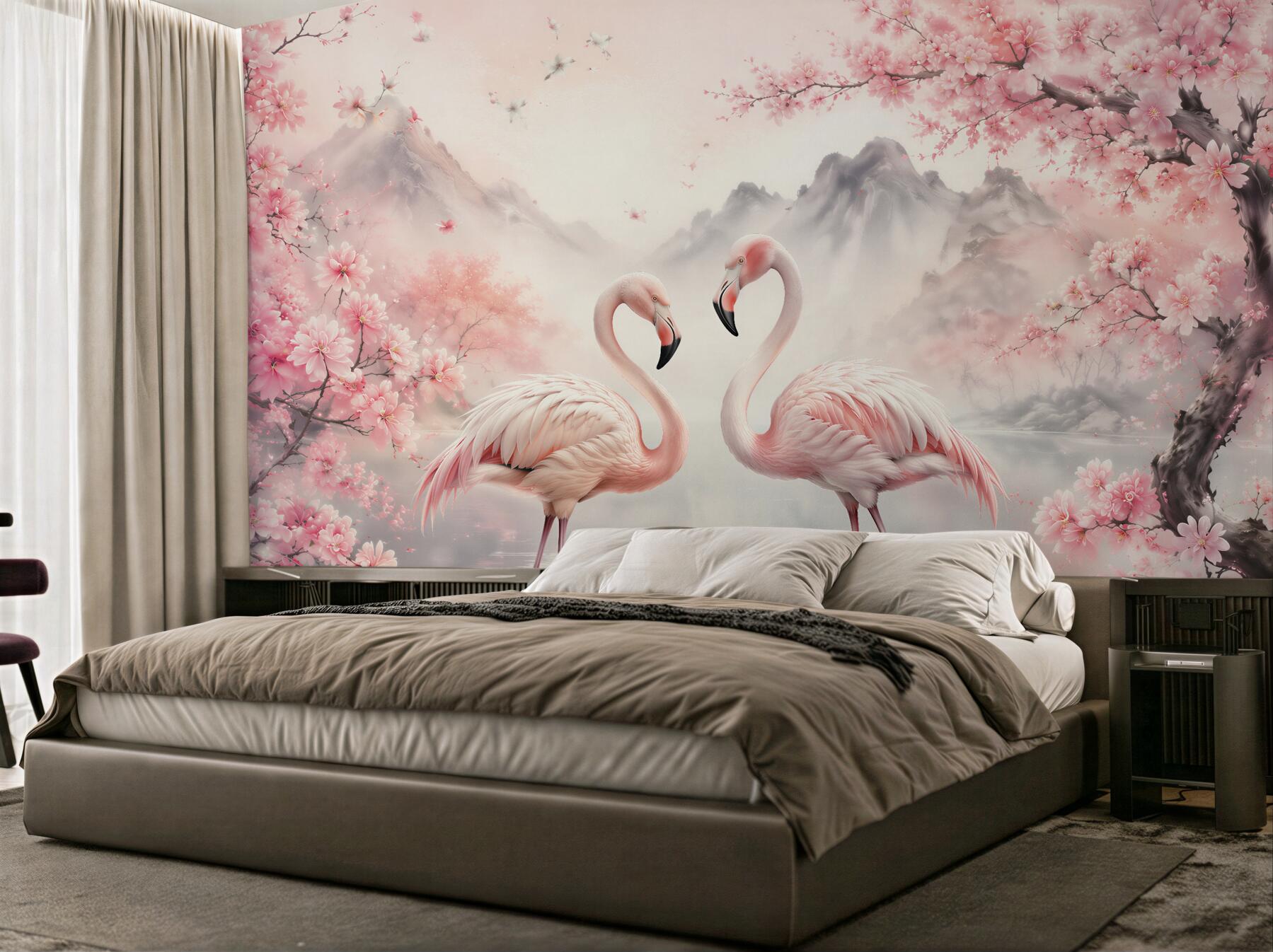 Papier peint flamants dans une idylle fleurie