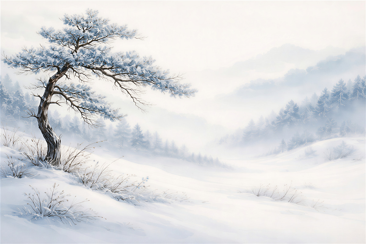 Papier peint paysage d'hiver avec un pin solitaire
