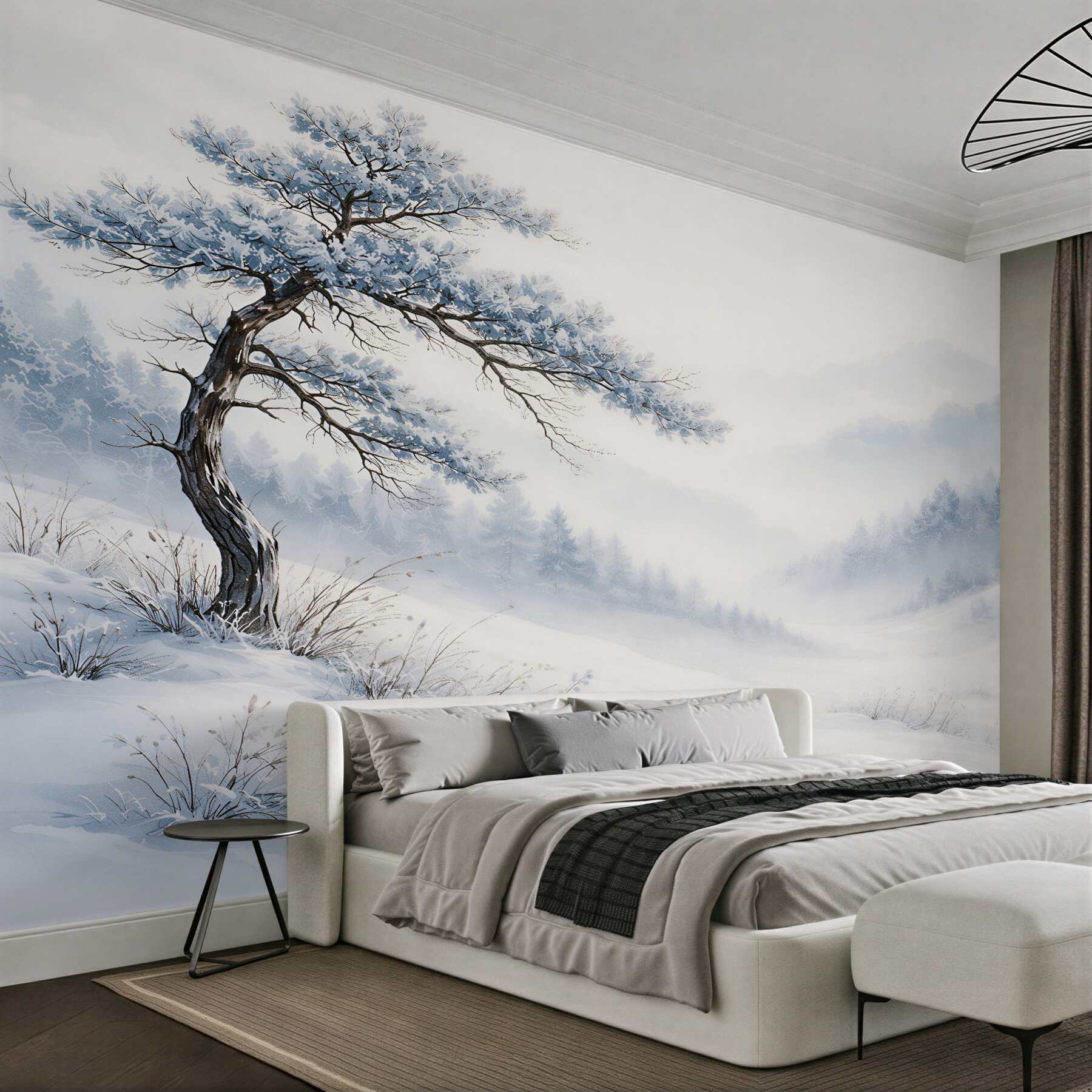 Papier peint paysage d'hiver avec un pin solitaire