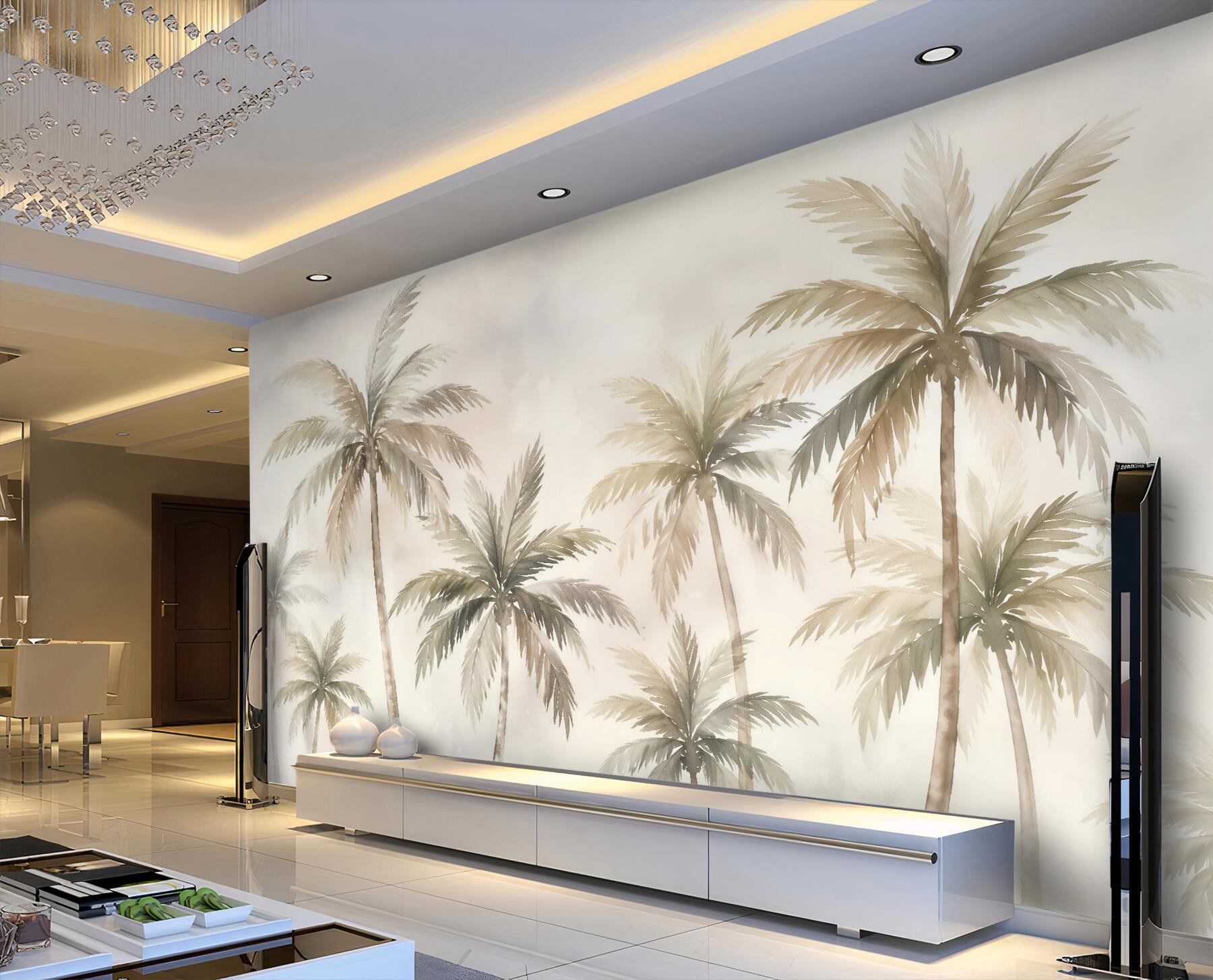Papier peint palmiers beiges dans la brume tropicale