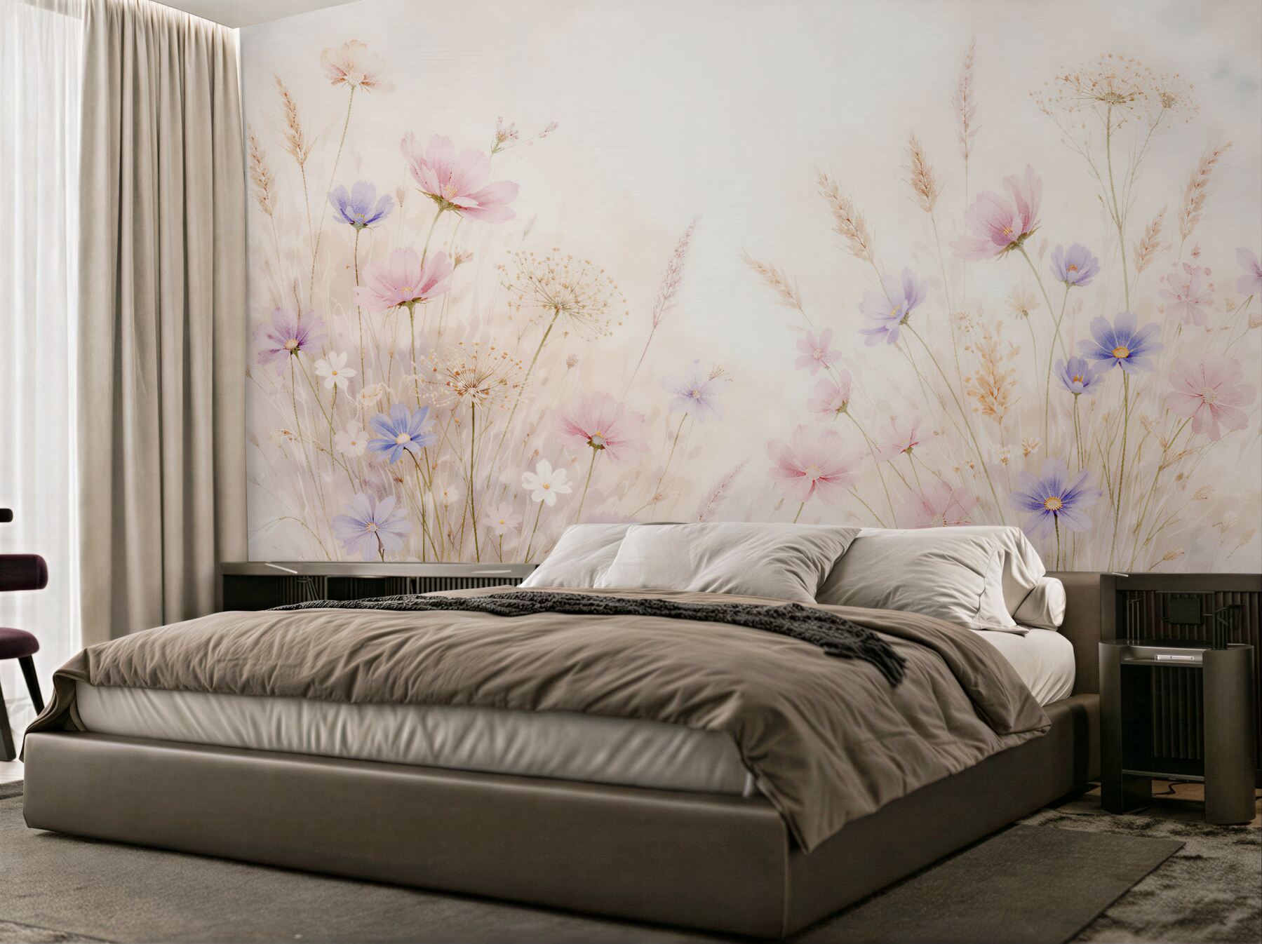 Papier peint prairie pastel de fleurs
