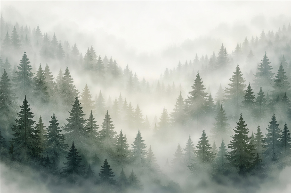 Papier peint forêt de sapins brumeuse