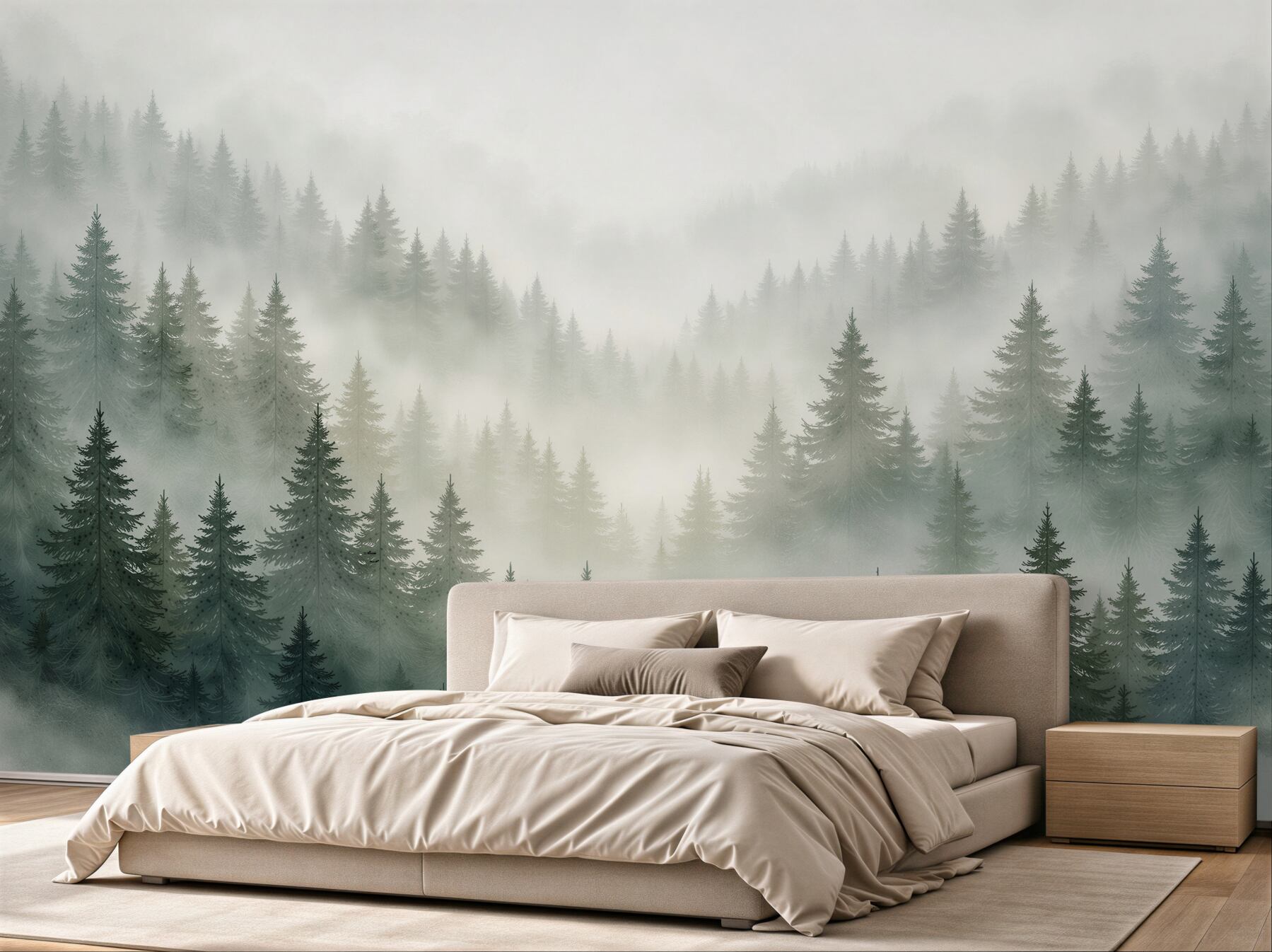 Papier peint forêt de sapins brumeuse