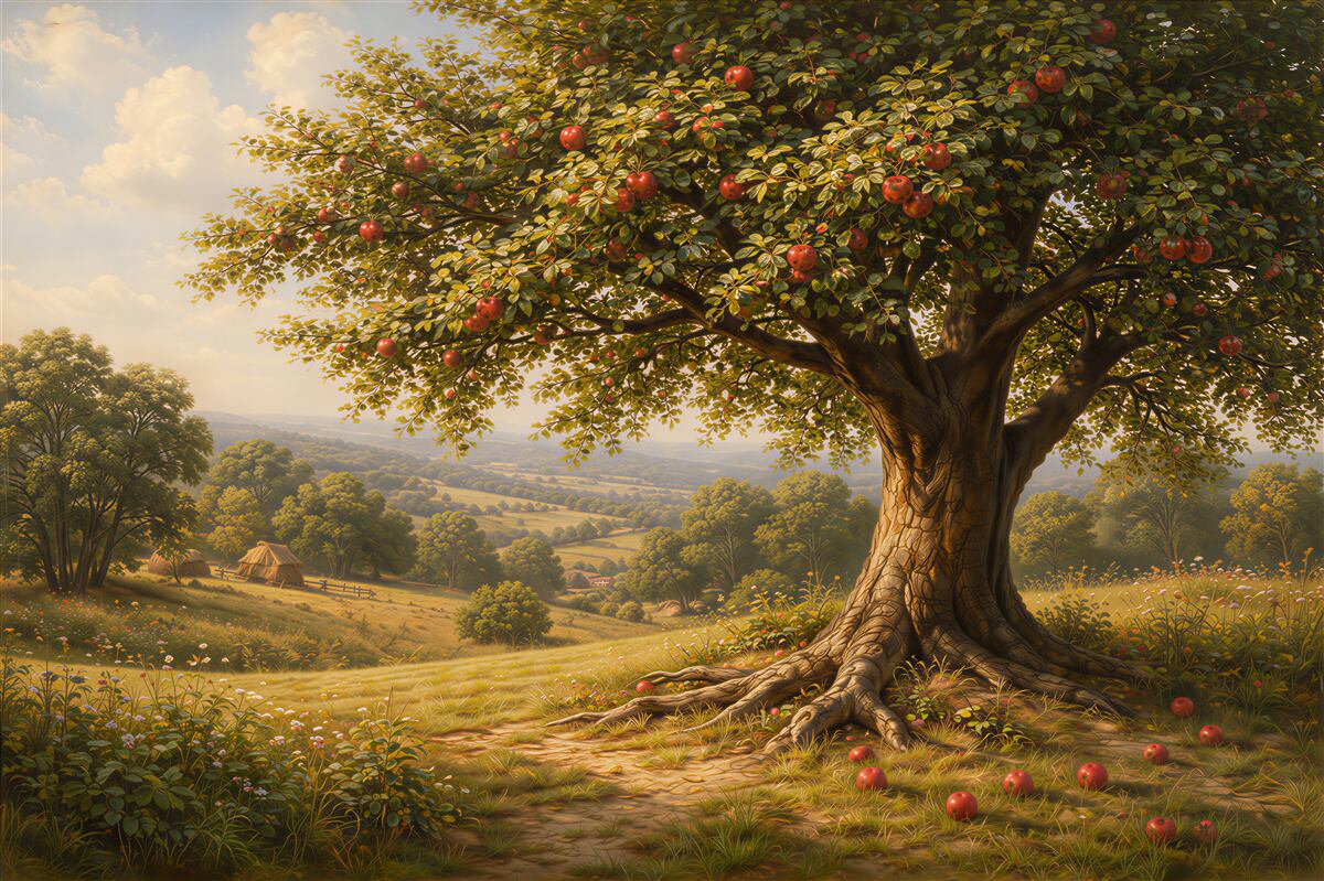 Papier peint pommier pastoral dans un paysage doré