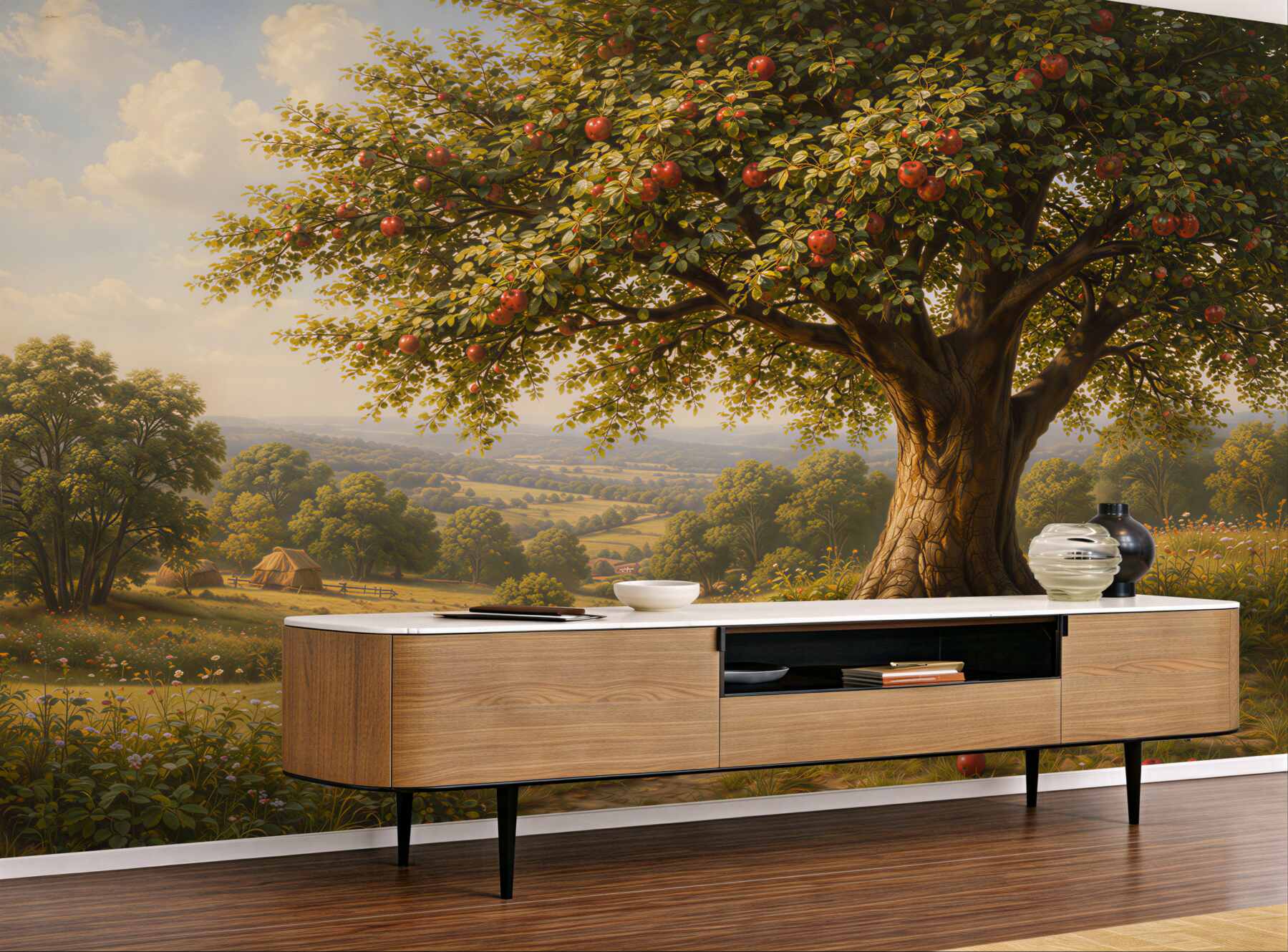 Papier peint pommier pastoral dans un paysage doré