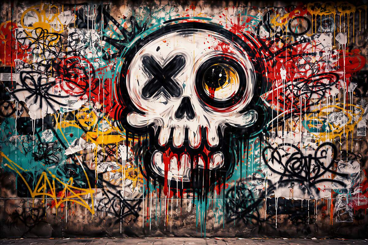 Papier peint graffiti avec crâne chaos urbain