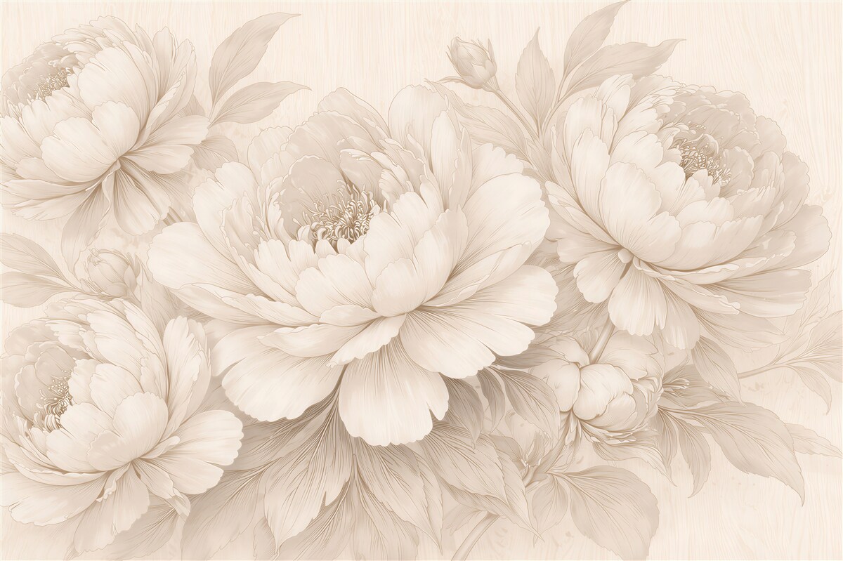 Papier peint pivoines beiges dans un croquis subtil