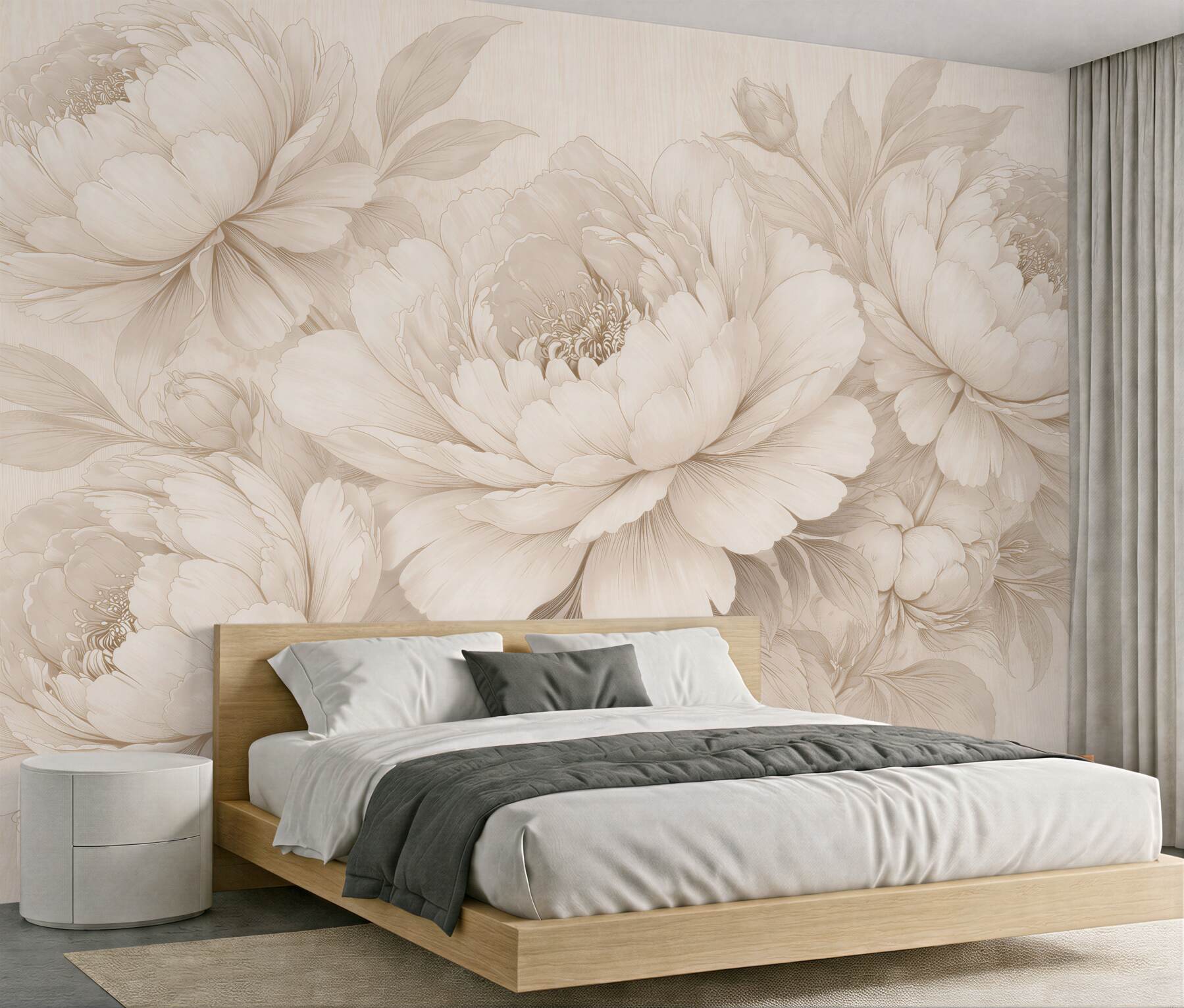 Papier peint pivoines beiges dans un croquis subtil