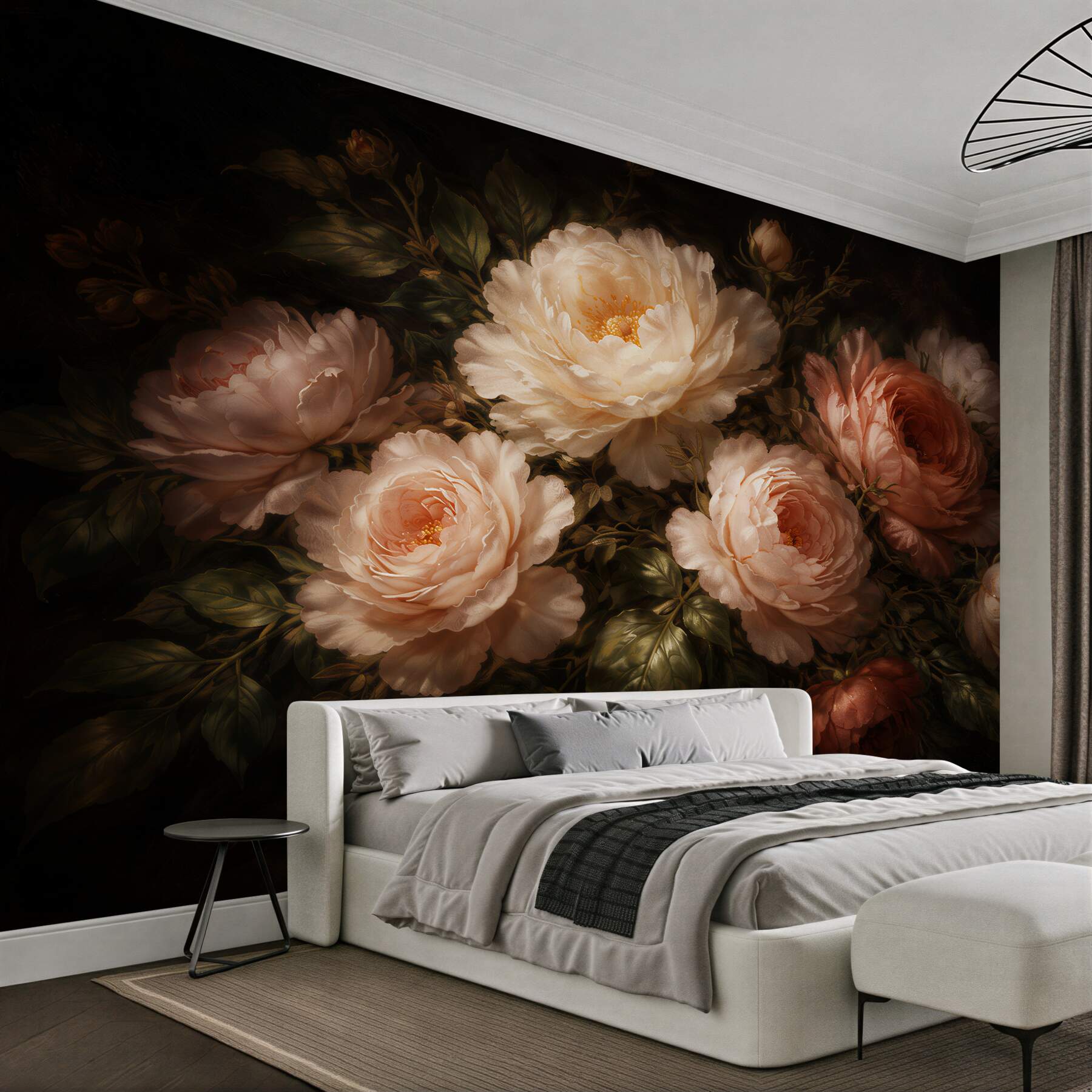 Papier peint pivoines chaudes dans une demi-lumière picturale