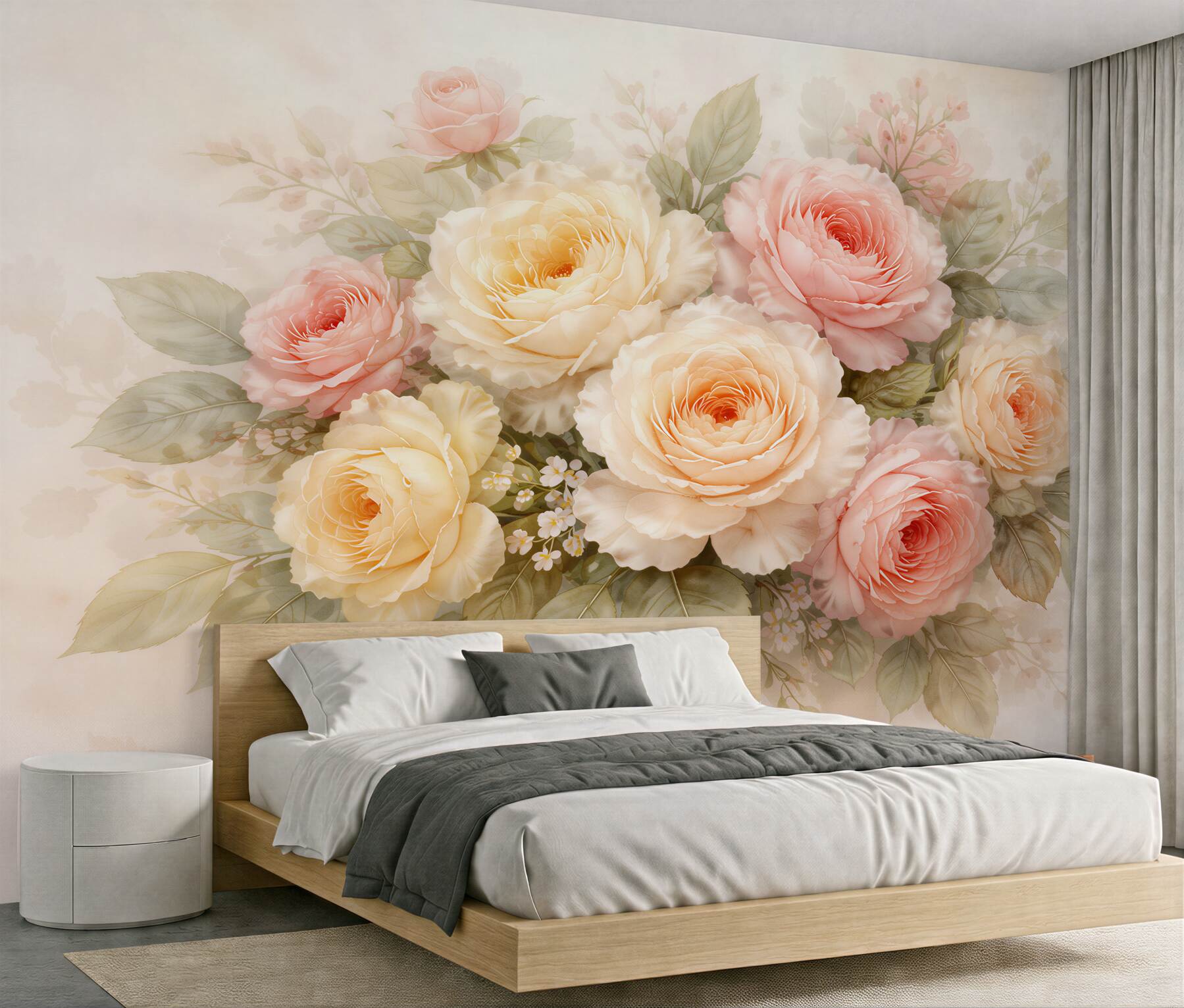 Papier peint bouquet poudré de fleurs roses