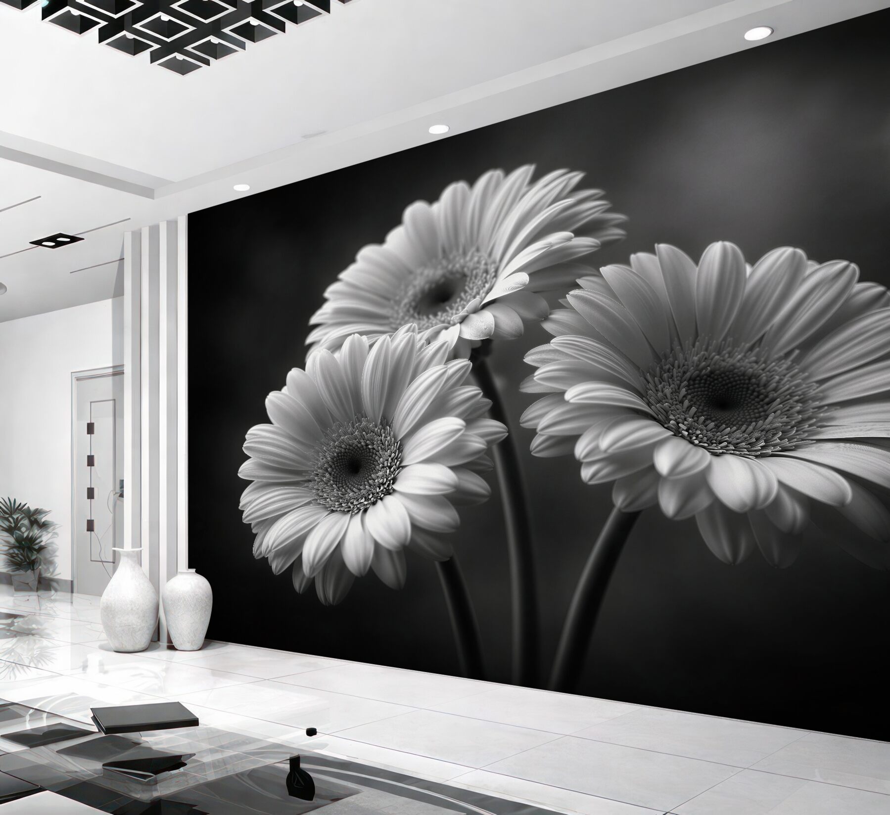 Papier peint schwarze und weiße Gerbera in Eleganz
