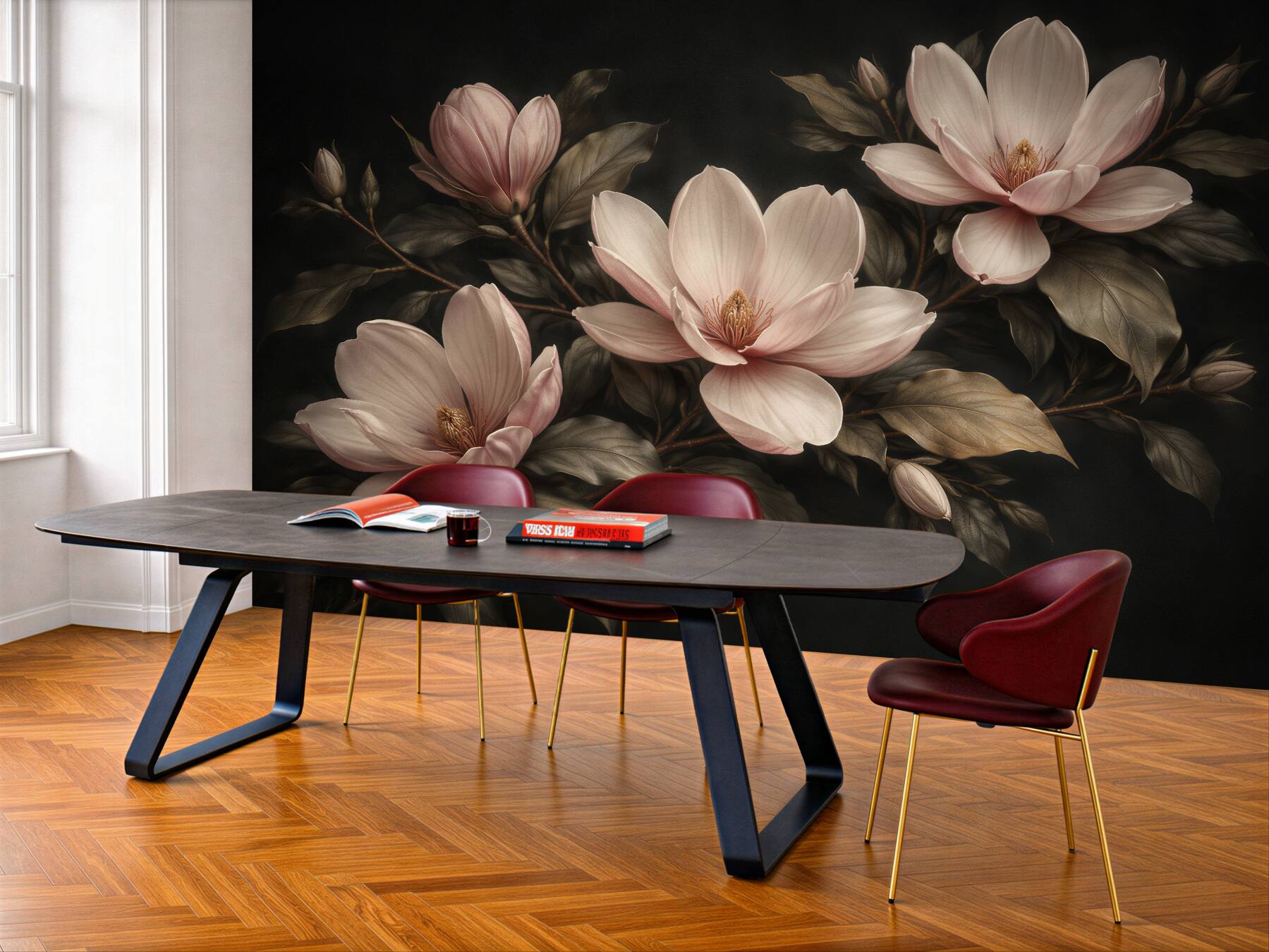 Papier peint magnolias sensuelles sur fond sombre