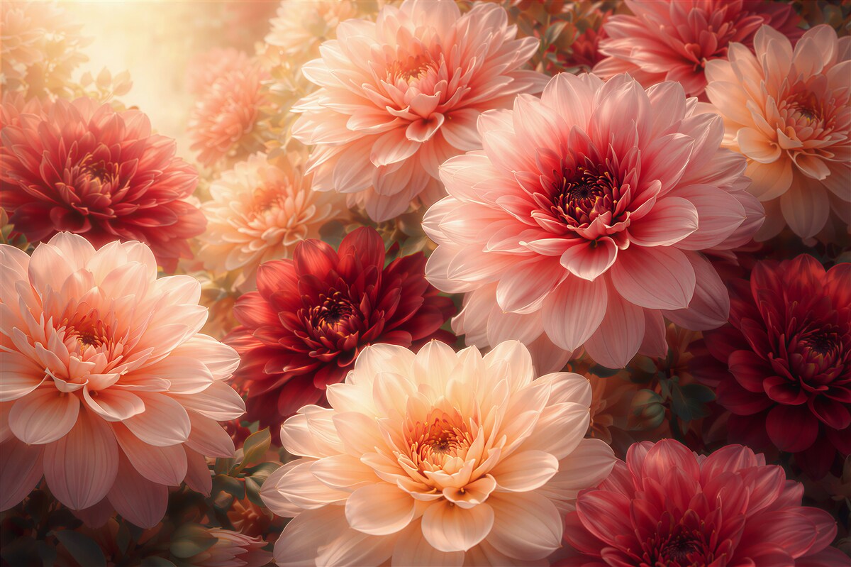 Papier peint dahlias illuminés dans des couleurs chaudes