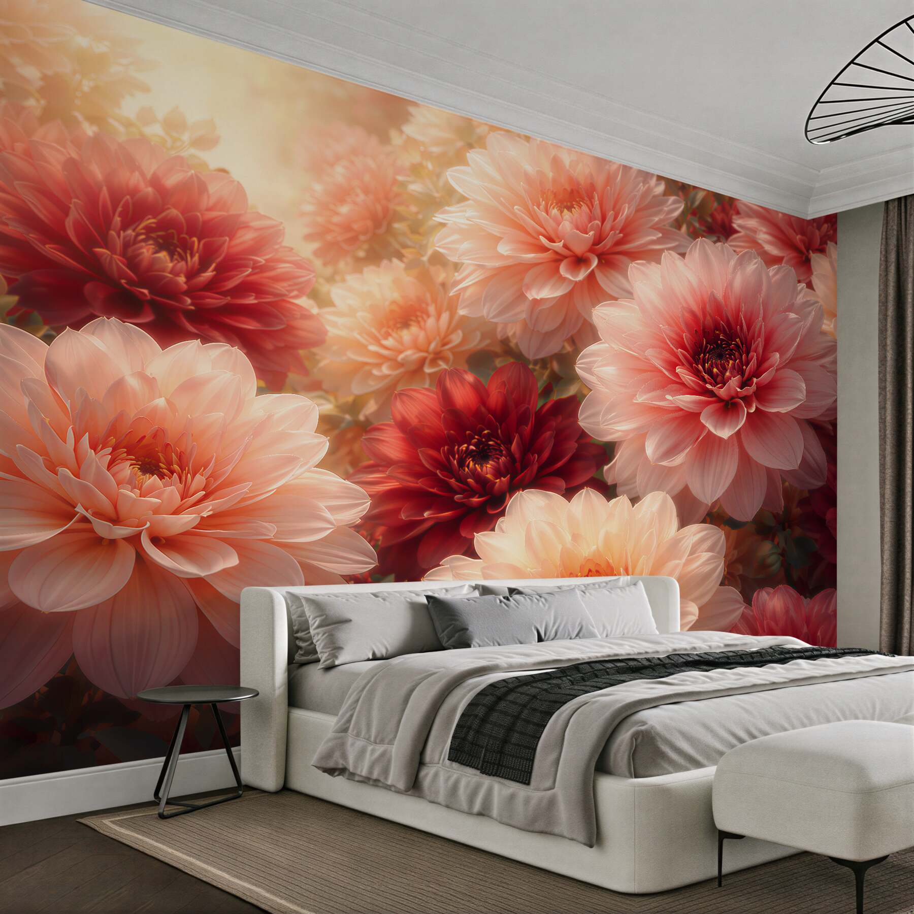 Papier peint dahlias illuminés dans des couleurs chaudes