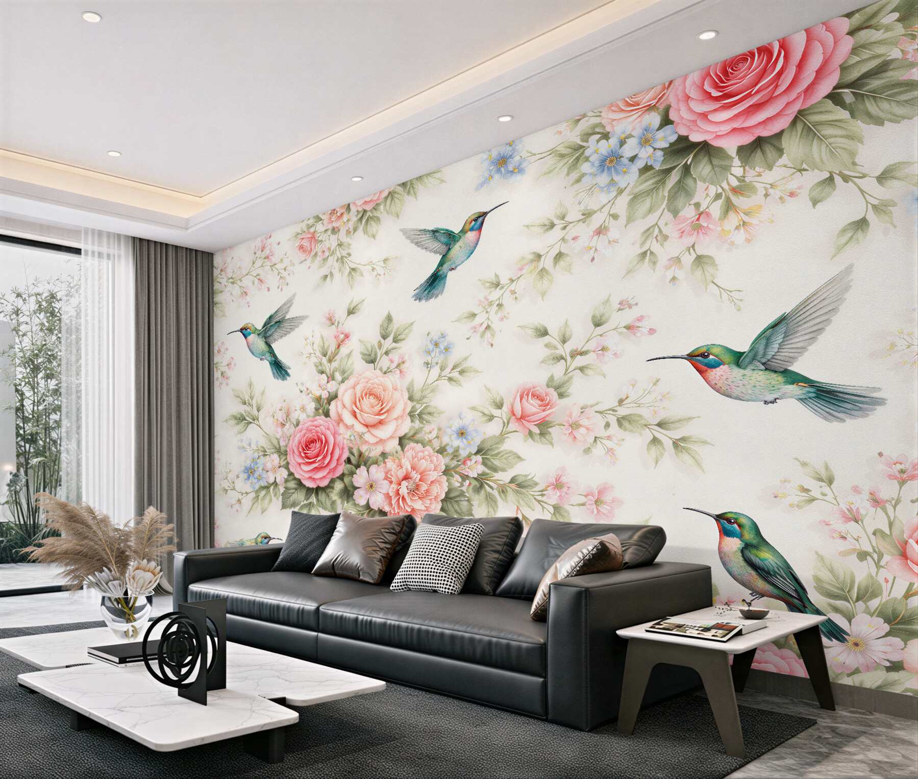 Papier peint colibris parmi des fleurs roses