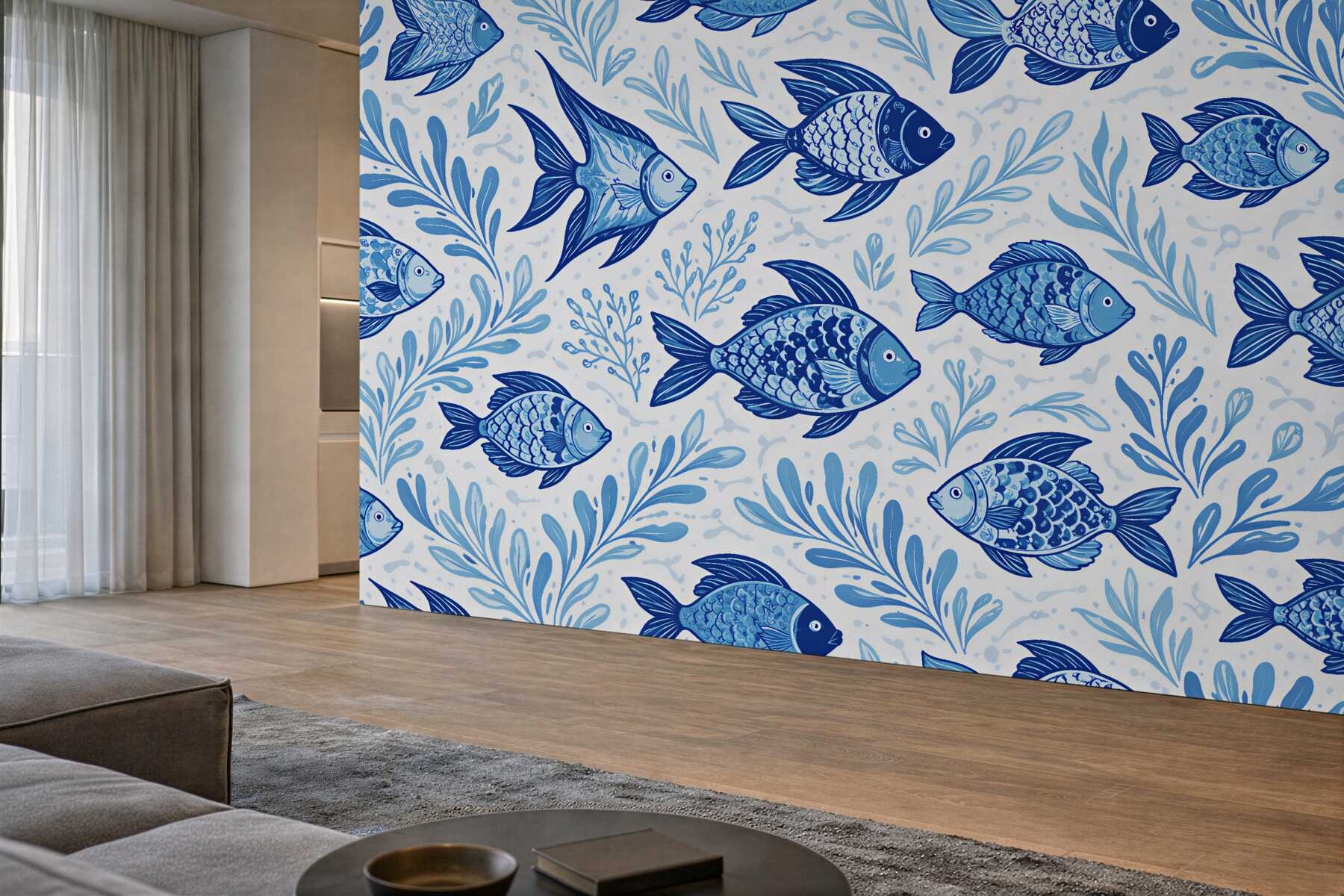 Papier peint poissons bleus et plantes marines