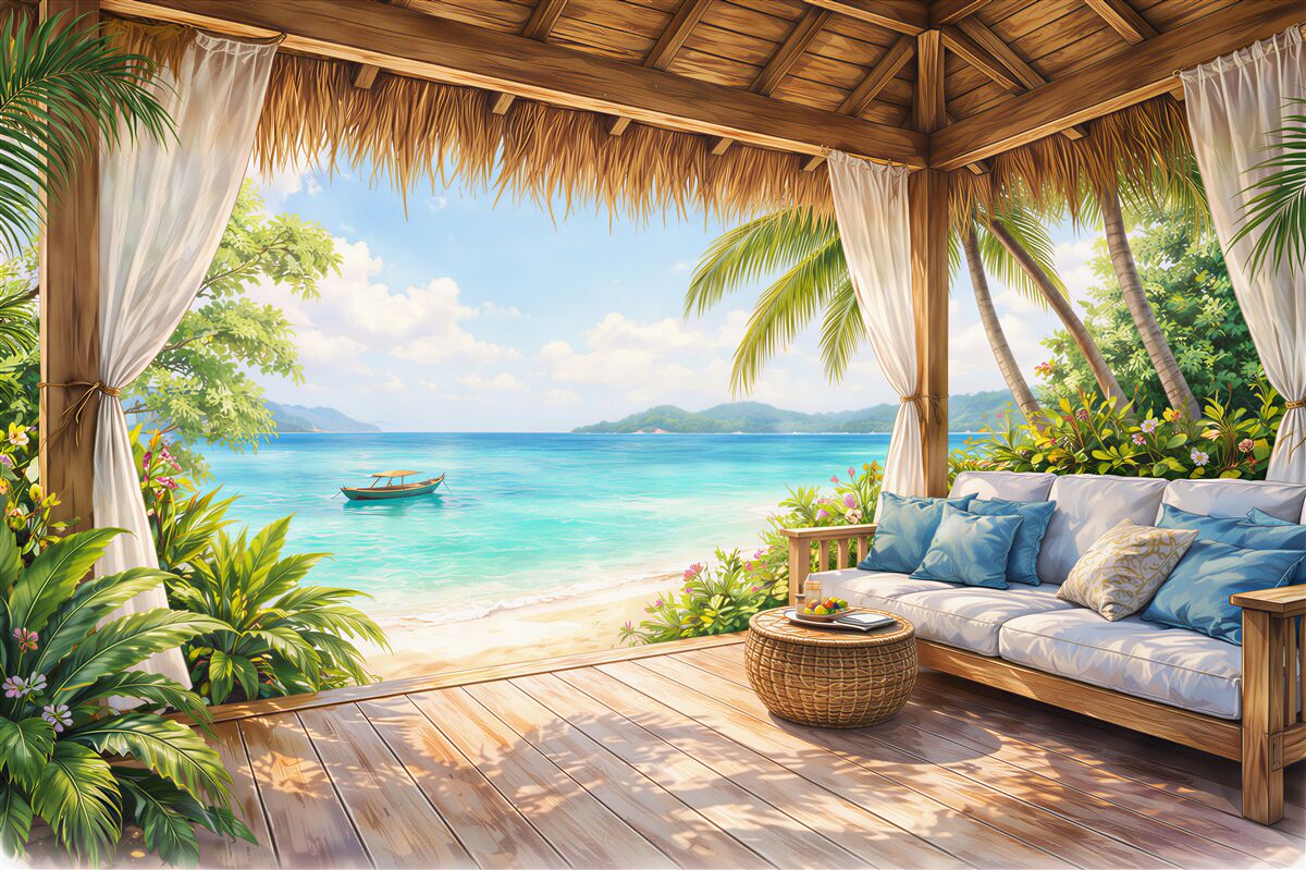 Papier peint terrasse tropicale près d'une plage paradisiaque