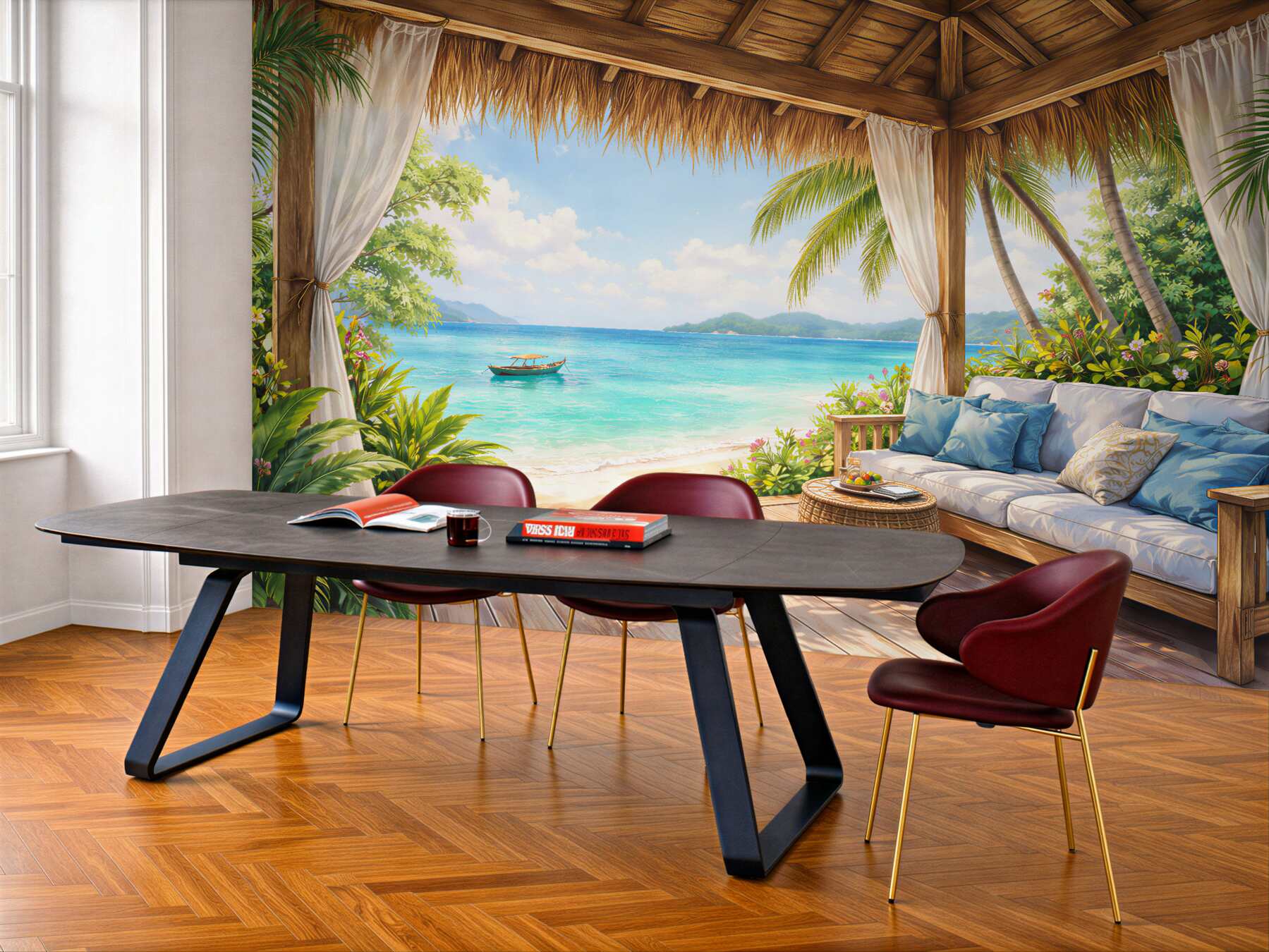 Papier peint terrasse tropicale près d'une plage paradisiaque