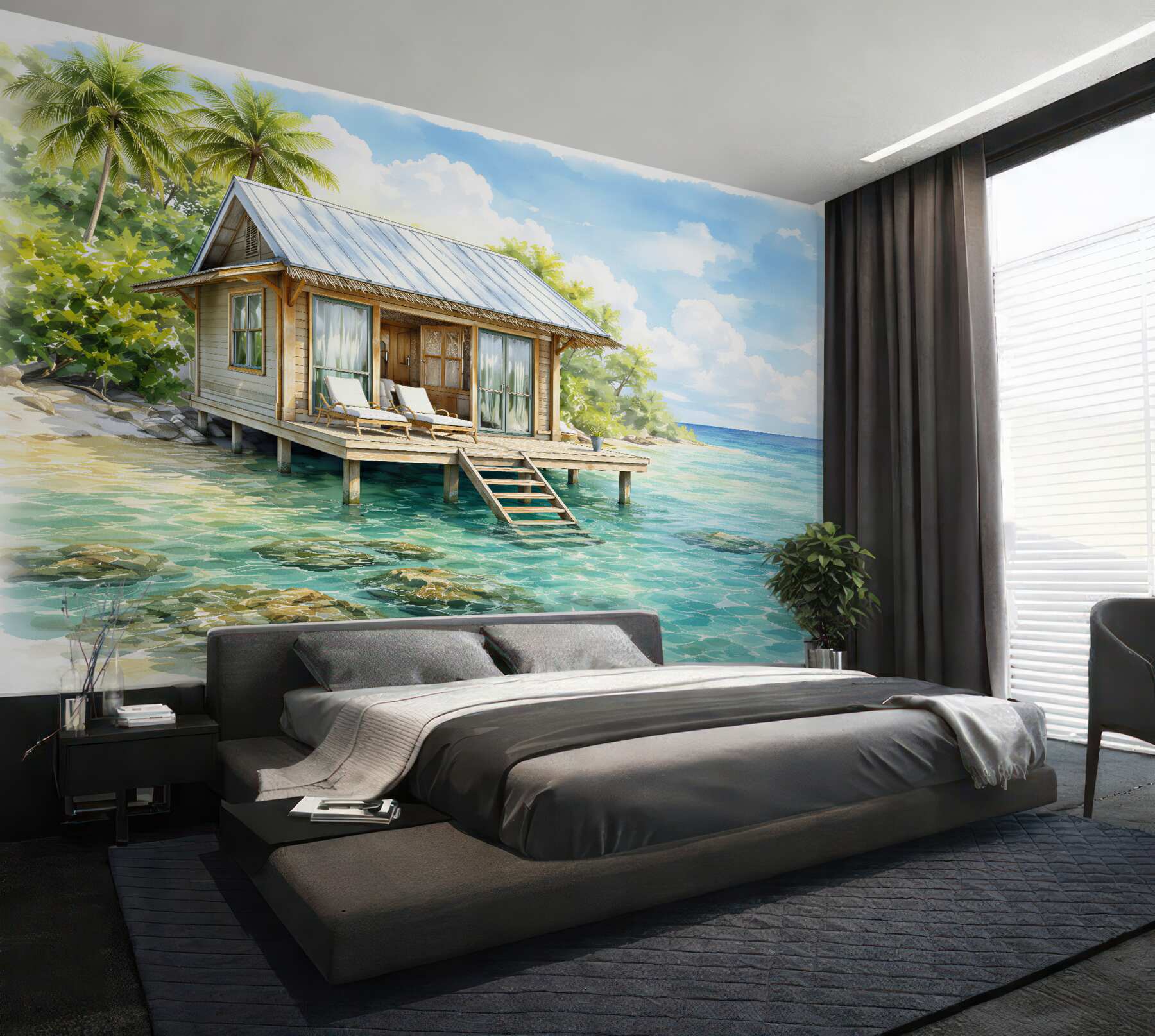 Papier peint maison tropicale au bord de l'eau azur