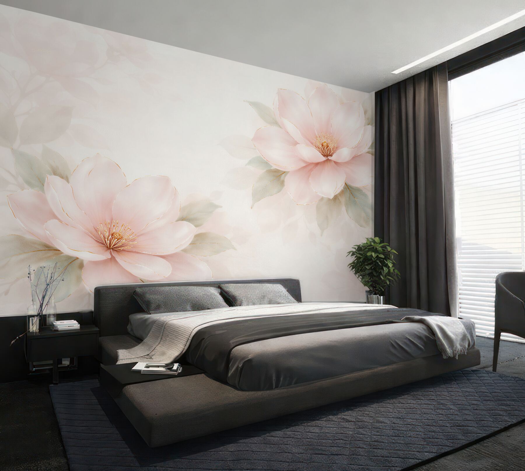 Papier peint magnolias poudrées avec ligne dorée