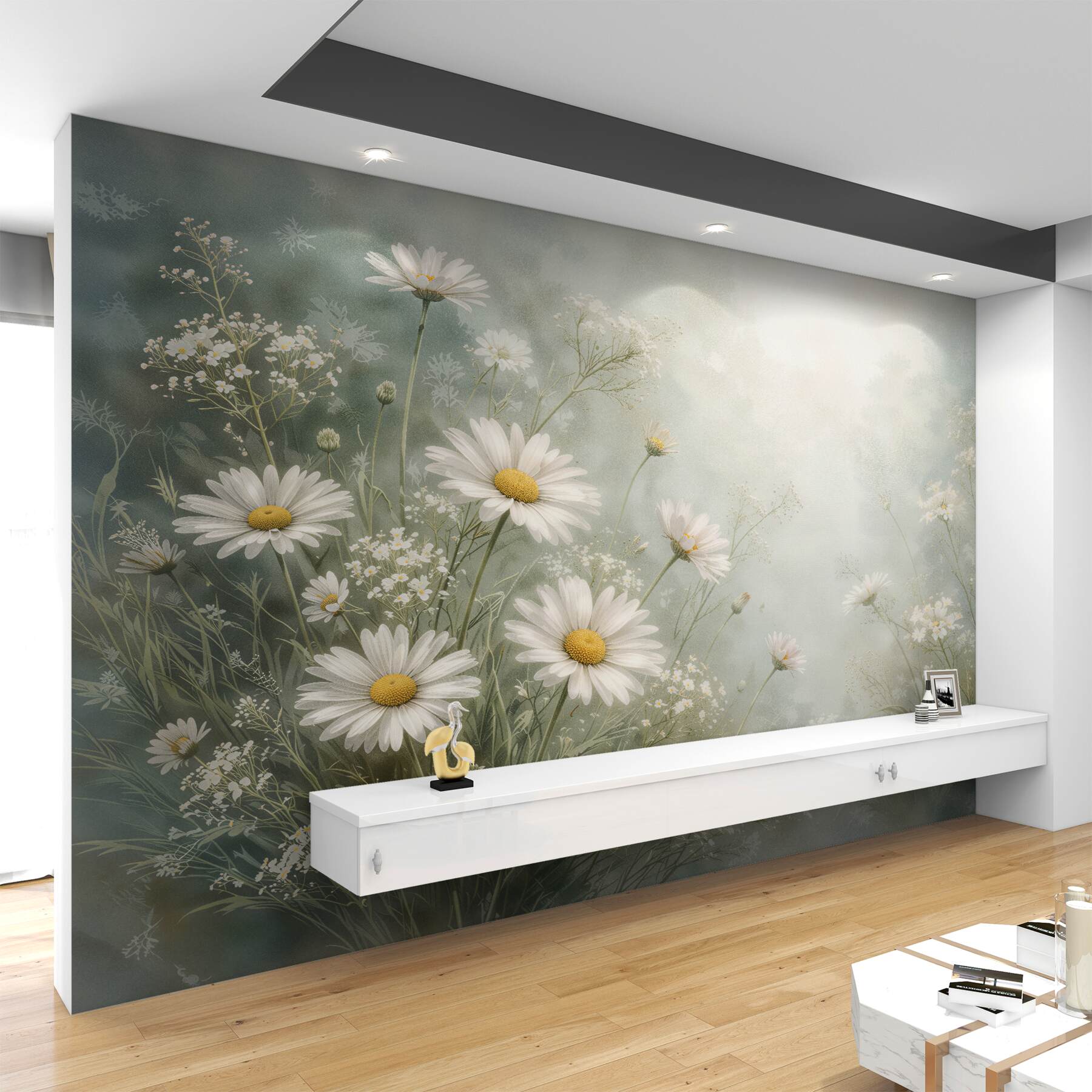 Papier peint marguerites sur une prairie brumeuse