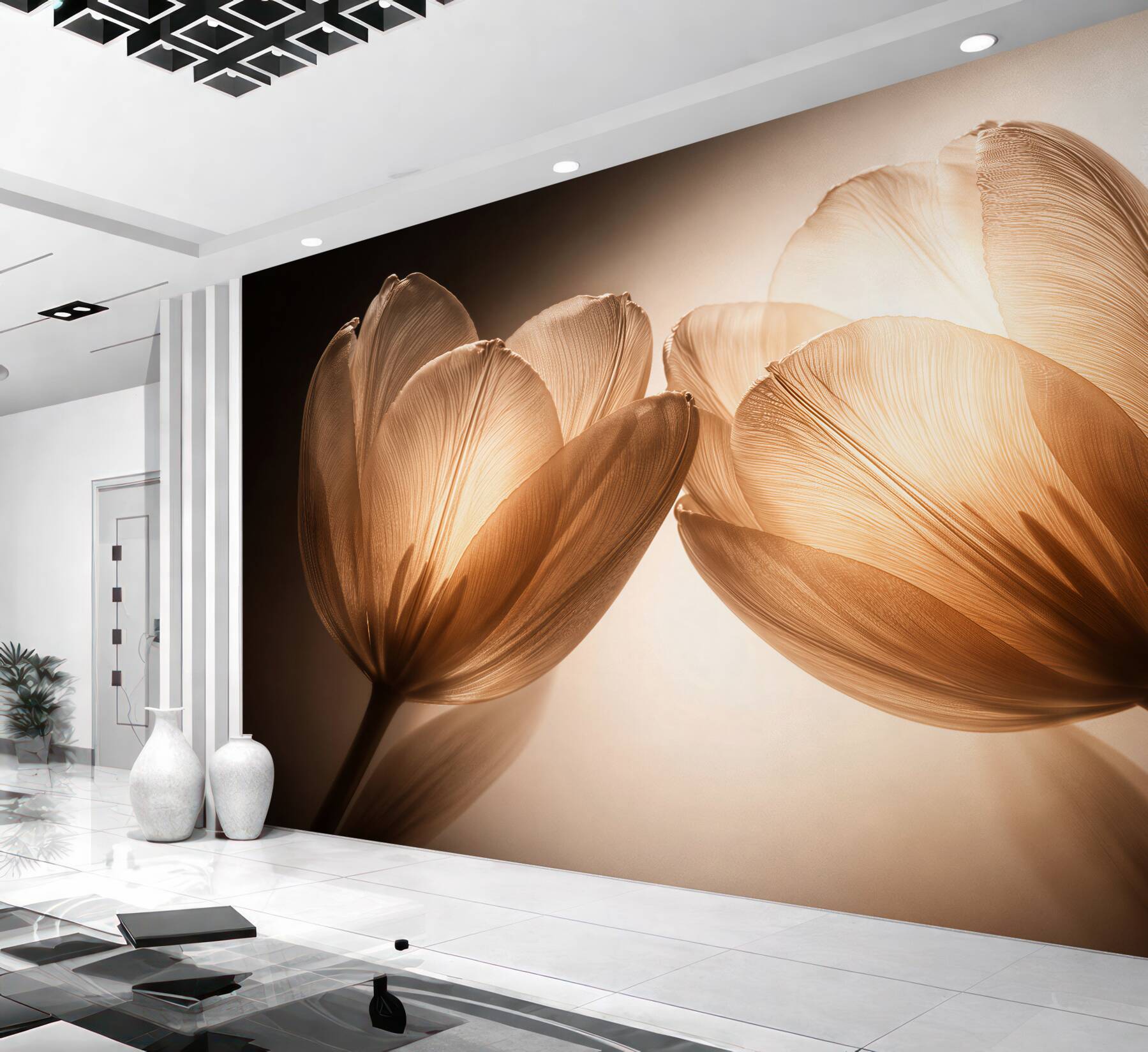 Papier peint tulipes dorées dans une lueur subtile