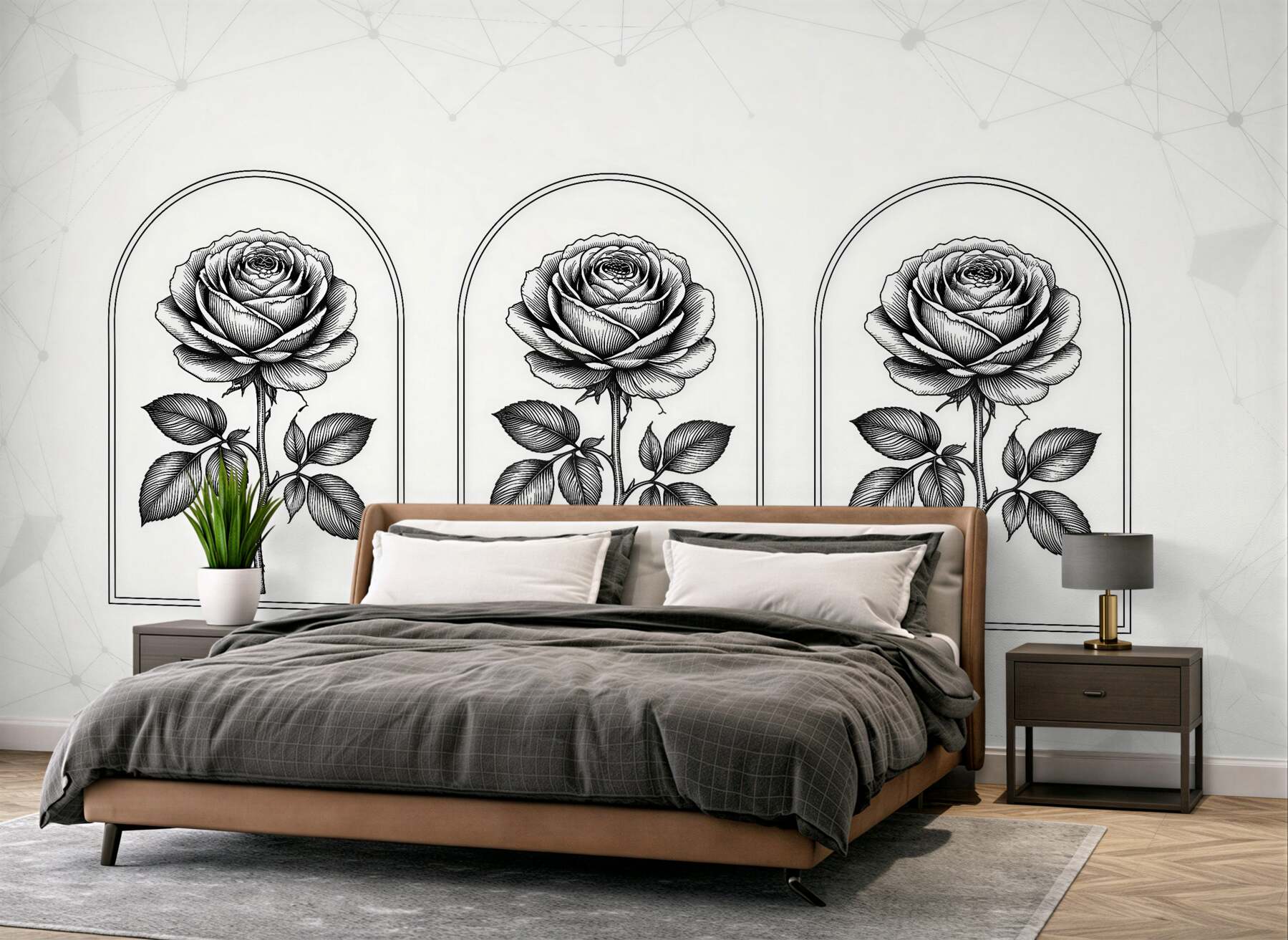 Papier peint roses dans des arcades noir et blanc