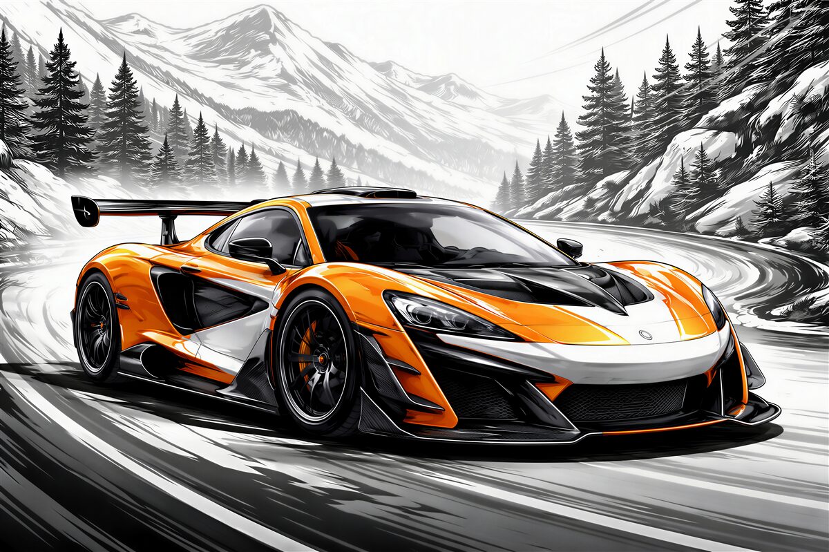 Papier peint supercar orange dans un virage de montagne