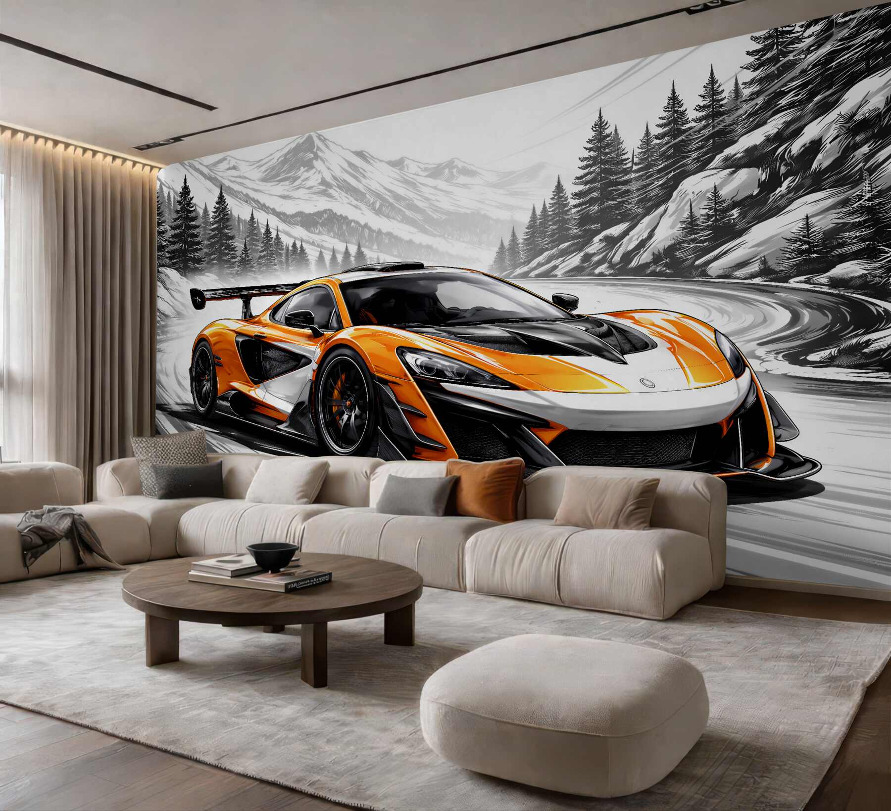 Papier peint supercar orange dans un virage de montagne