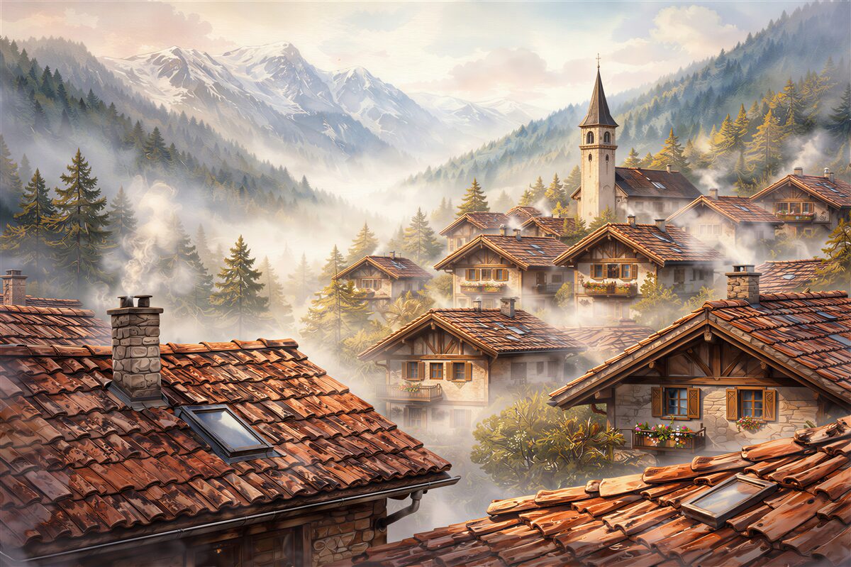 Papier peint village de montagne dans le brouillard