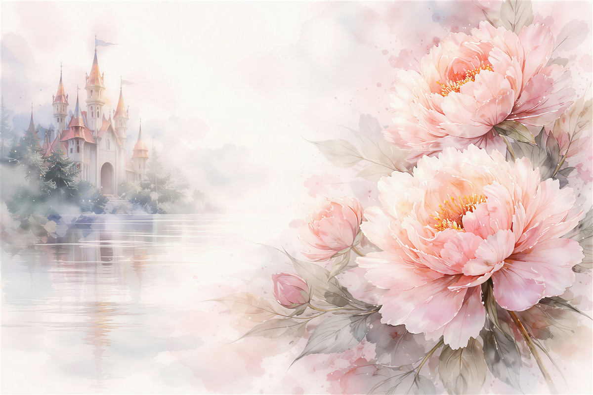 Papier peint pivoines romantiques près d'un château féerique