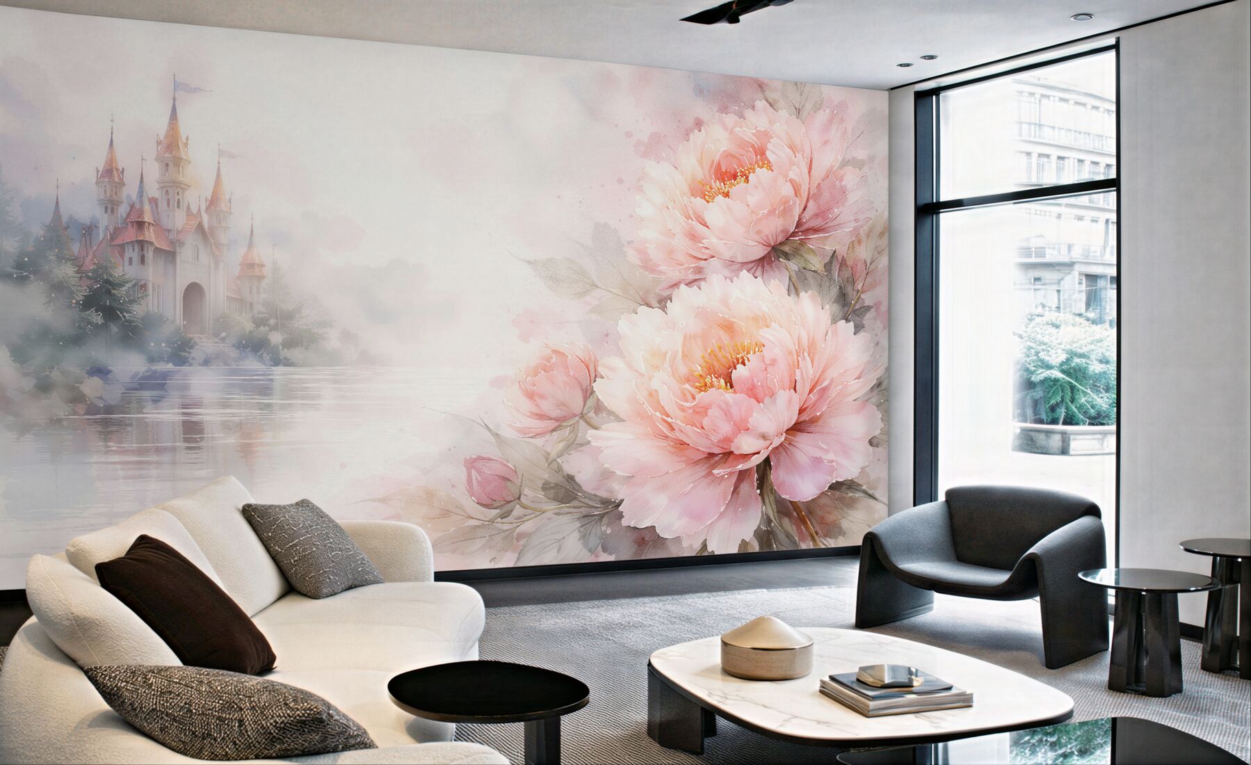 Papier peint pivoines romantiques près d'un château féerique