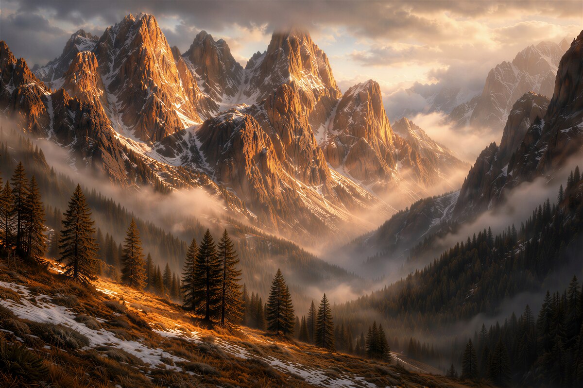 Papier peint sommets dorés des montagnes dans la brume matinale