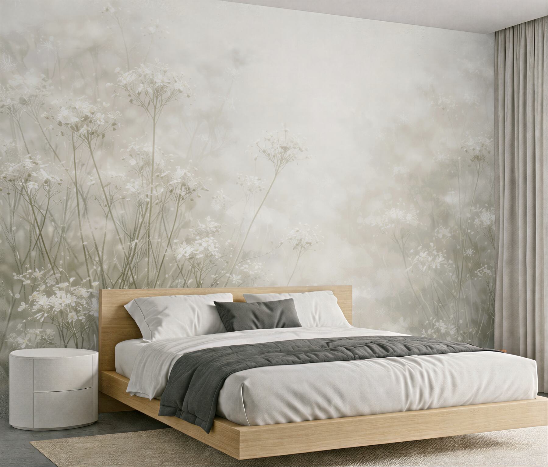 Papier peint prairie éthérée dans la brume blanche