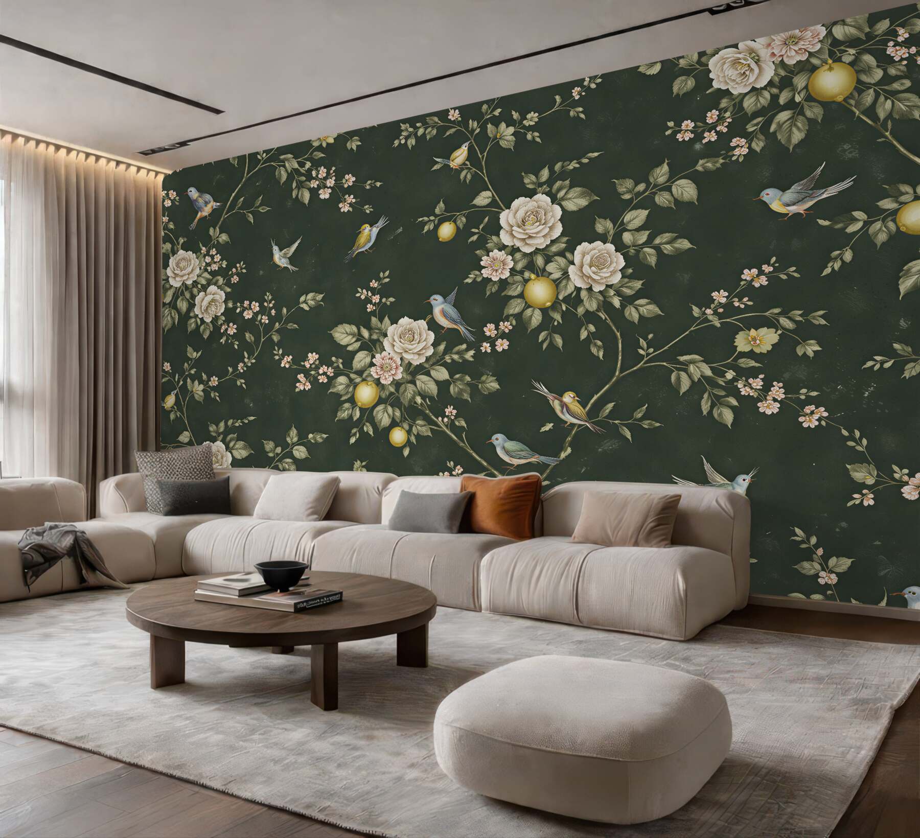 Papier peint jardin sombre avec des oiseaux