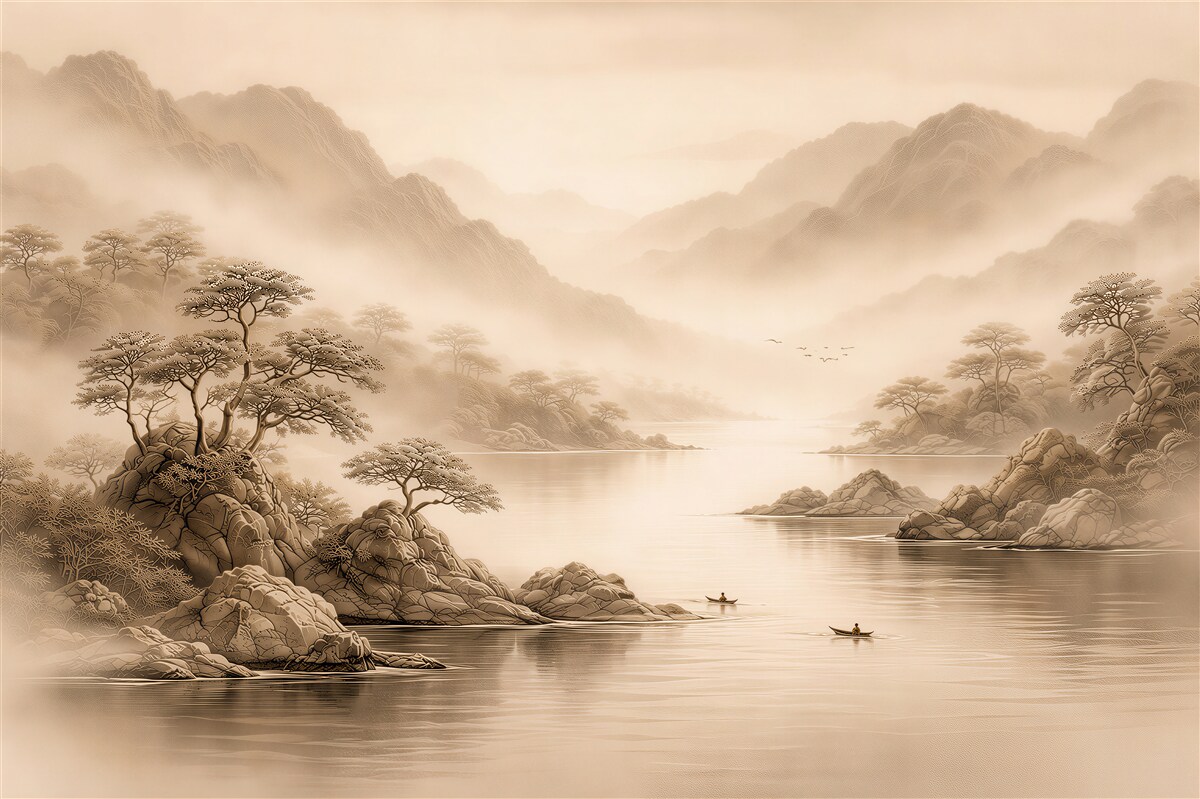 Papier peint paysage lacustre brumeux en montagne
