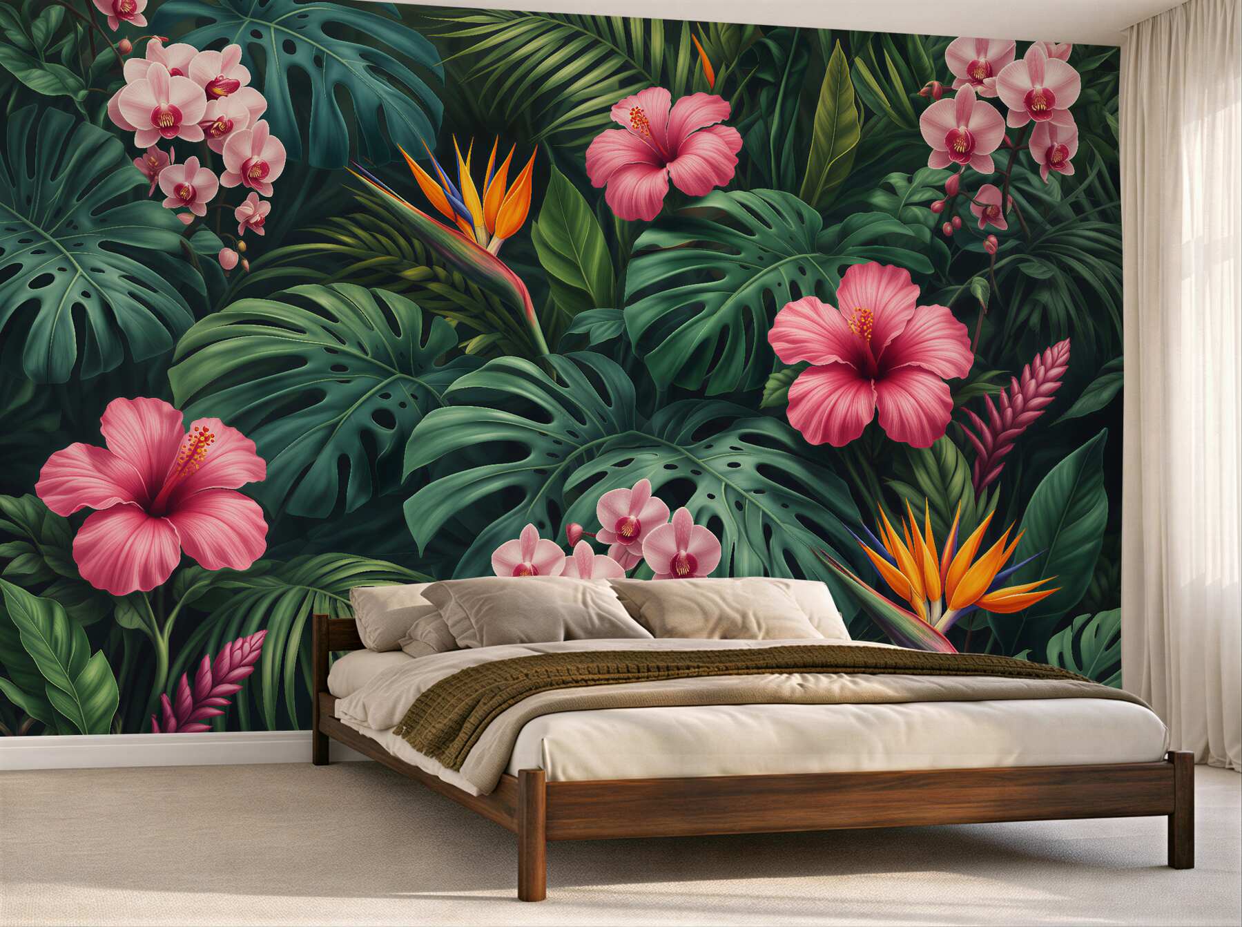 Papier peint jungle tropicale avec des fleurs roses