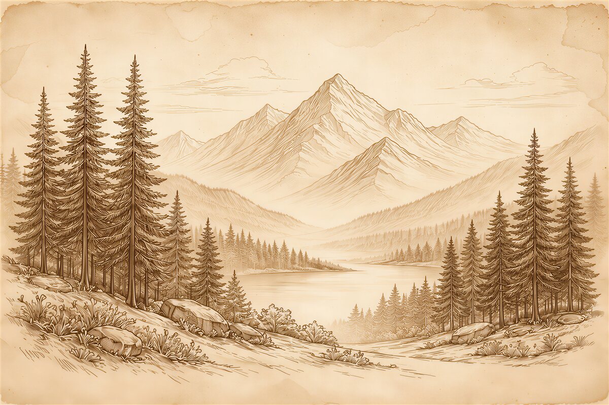 Papier peint lac de montagne dans un style rétro
