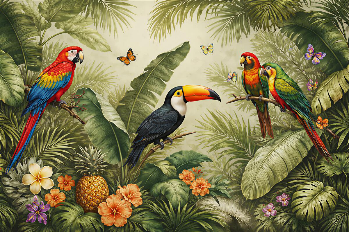 Papier peint oiseaux exotiques dans la jungle