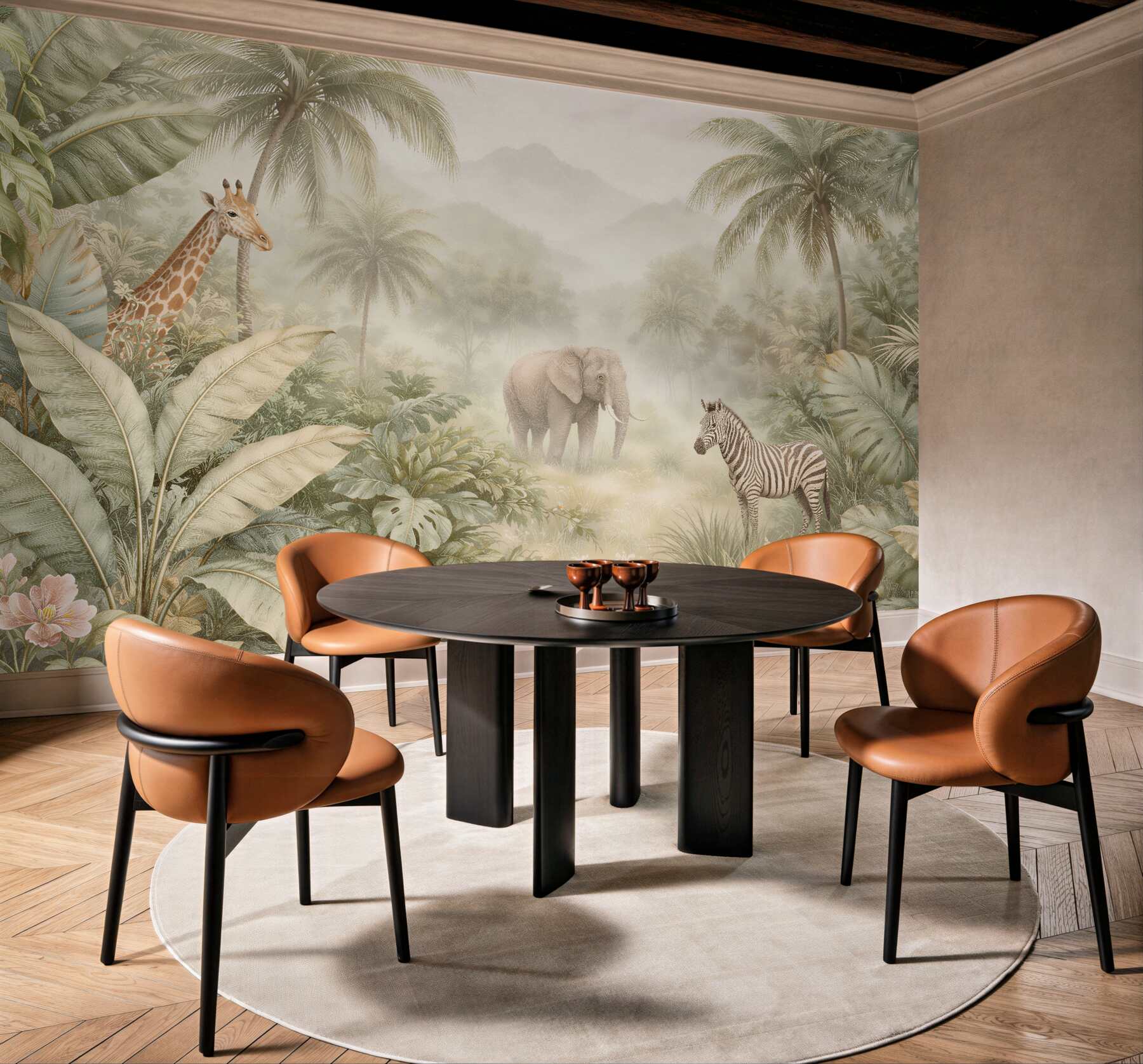 Papier peint safari pastel dans une jungle brumeuse