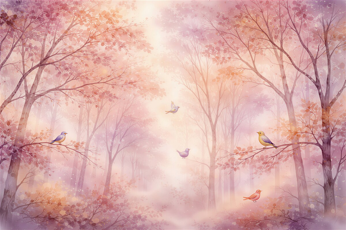 Papier peint forêt pastel avec des oiseaux