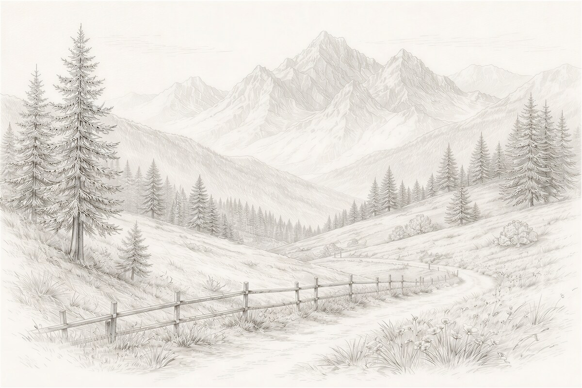 Papier peint esquisse de paysage montagneux