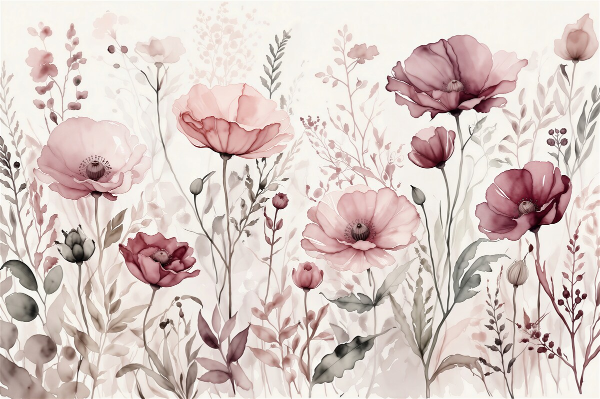 Papier peint coquelicots poudrés en aquarelle