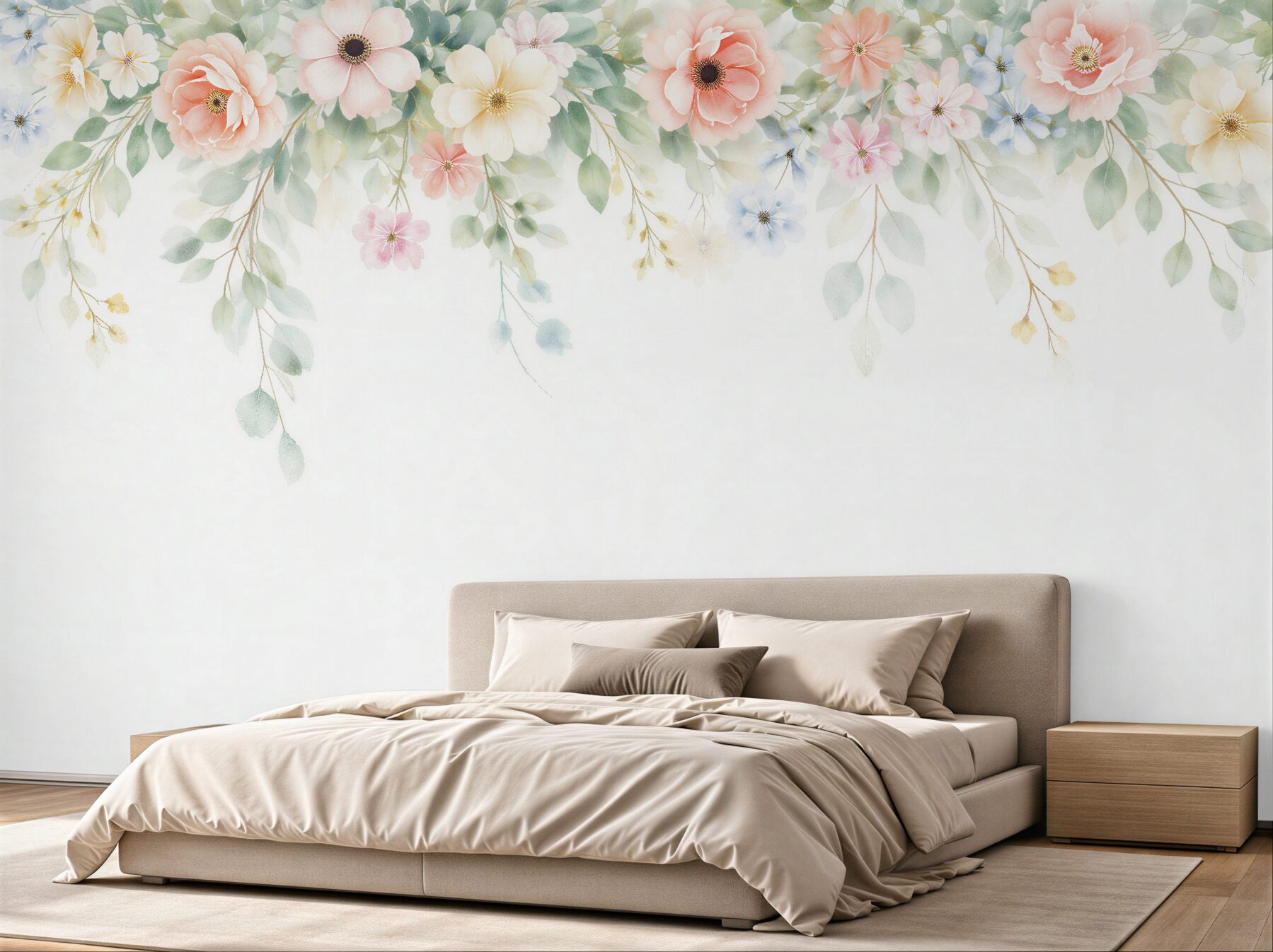 Papier peint guirlande de fleurs et de feuilles pastel