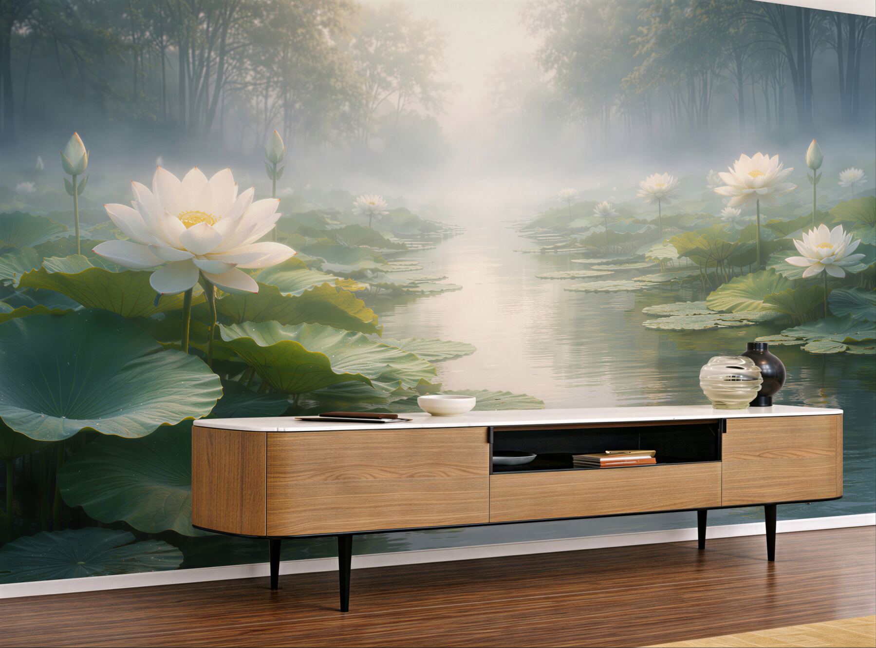 Papier peint étang de lotus au matin