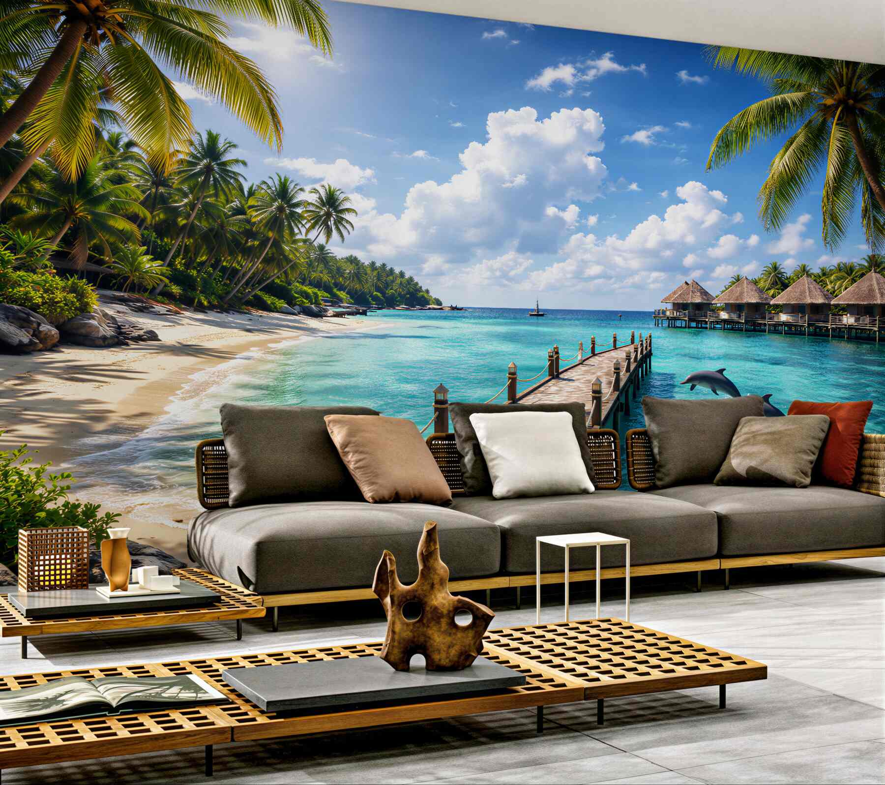 Papier peint plage paradisiaque avec des dauphins