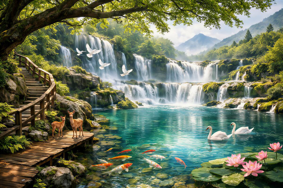 Papier peint cascade paradisiaque avec des cygnes